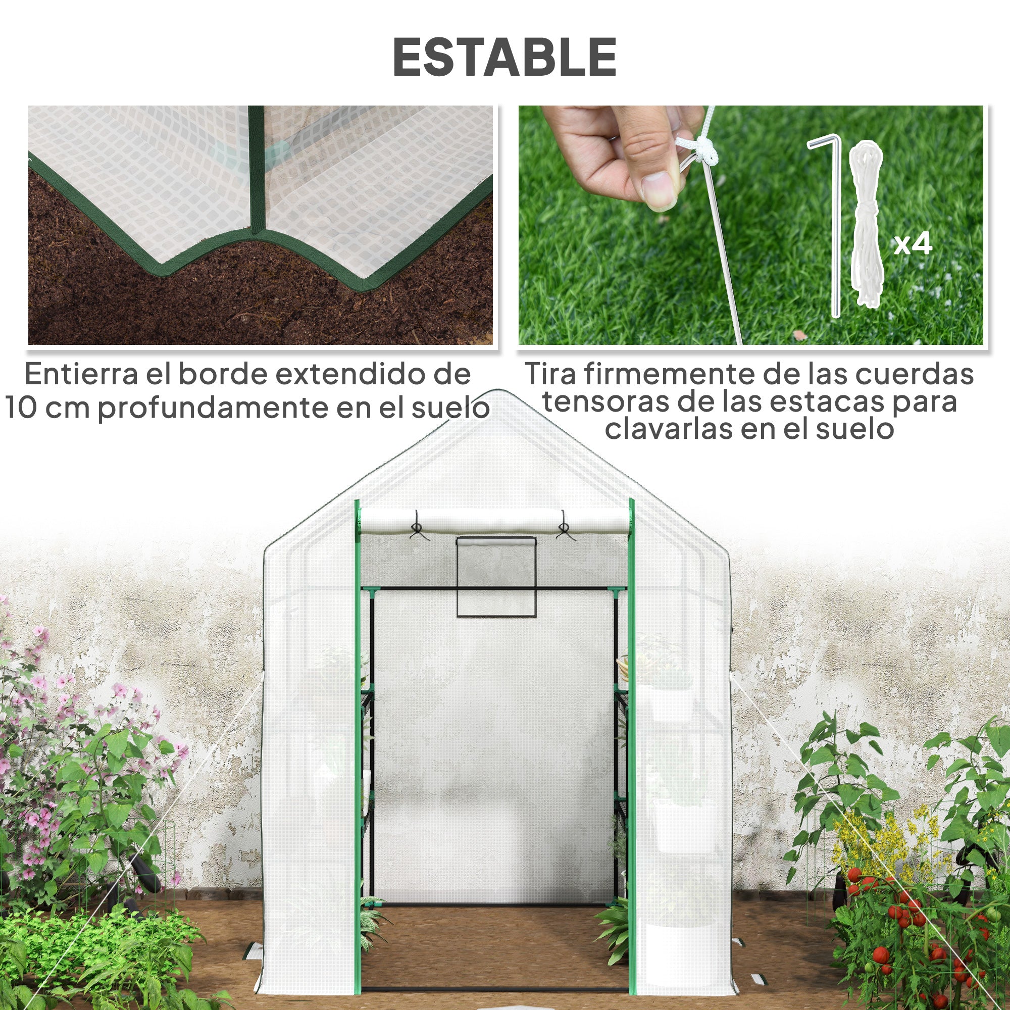 Outsunny Invernadero de Exterior Invernadero Pequeño de 3 Niveles con 6 Estantes Puerta Enrollable Cubierta de PE y Marco de Acero para Cultivos Plantas Flores 140x143x190 cm Blanco