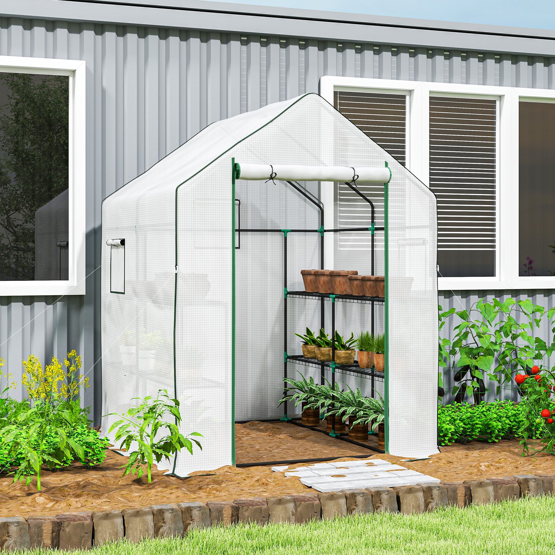 Outsunny Invernadero de Exterior Invernadero Pequeño de 3 Niveles con 6 Estantes Puerta Enrollable Cubierta de PE y Marco de Acero para Cultivos Plantas Flores 140x143x190 cm Blanco