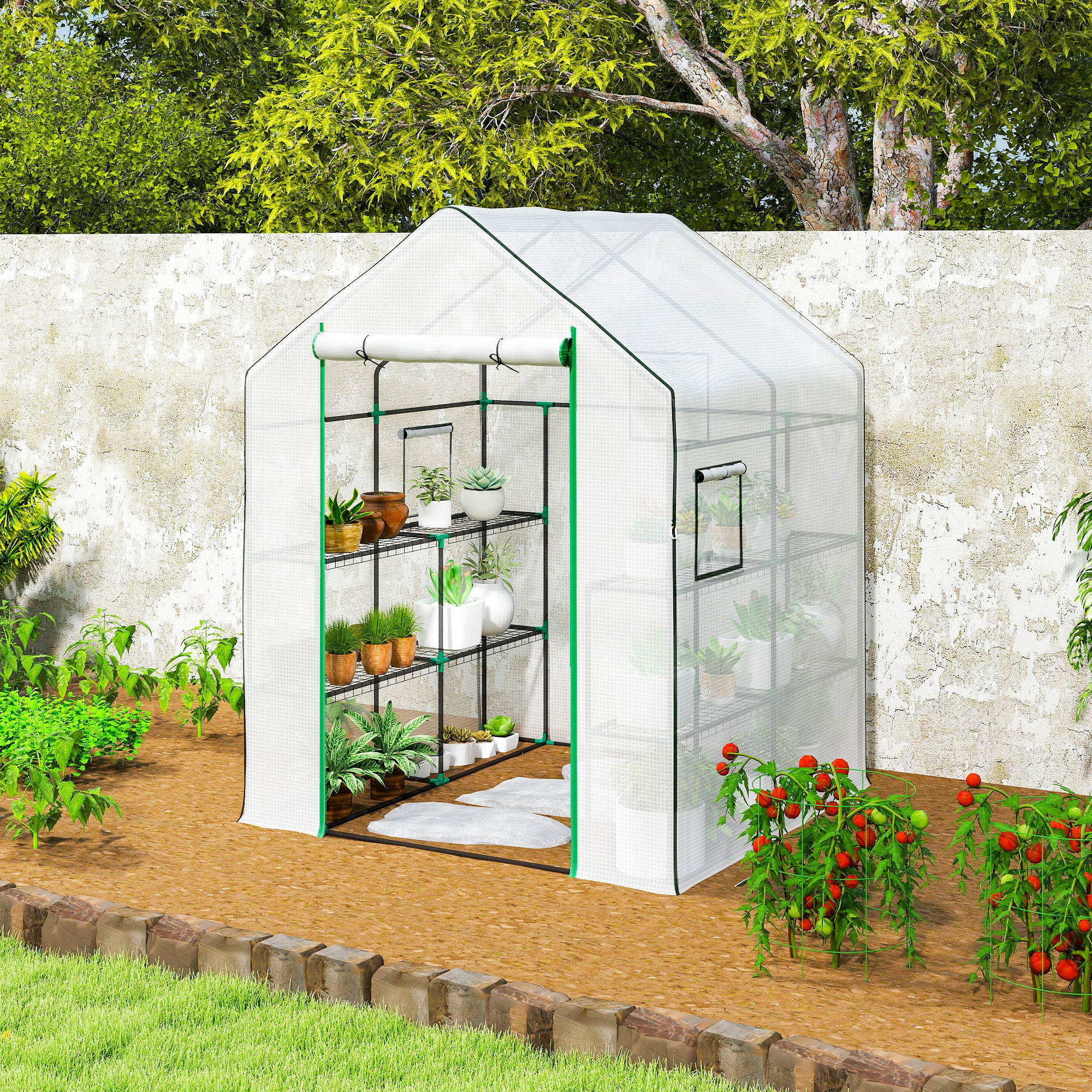 Outsunny Invernadero de Exterior Invernadero Pequeño de 3 Niveles con 6 Estantes Puerta Enrollable Cubierta de PE y Marco de Acero para Cultivos Plantas Flores 140x143x190 cm Blanco