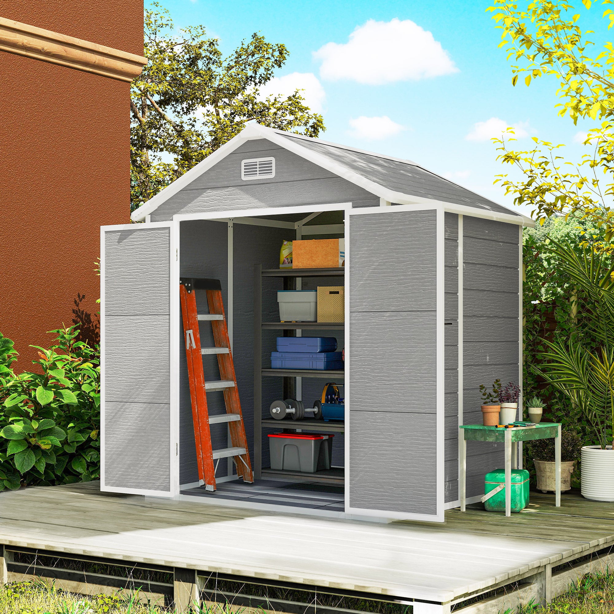 Outsunny Caseta de Jardín Exterior, 2,4 m², 182x151x219 cm, Cobertizo de Jardín Exterior con Suelo, Puerta Corredera, Ventana y Techo Inclinado, para Almacenamiento de Herramientas, Gris