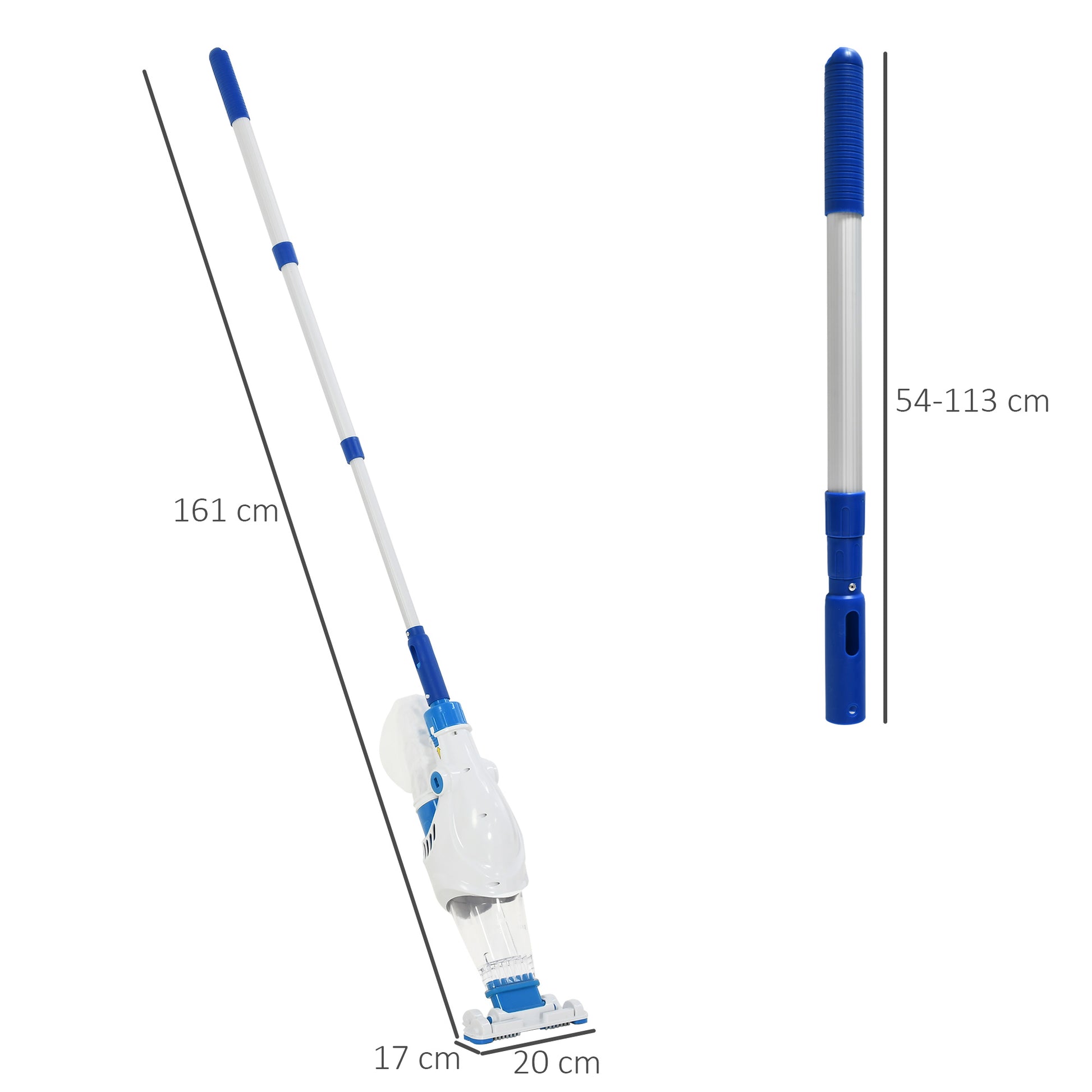 Outsunny Aspirador Limpiafondos para Piscina Manual Eléctrico Autonomía 45 Minutos con Poste Telescópico 54-113 cm Cepillo y Bolsa de Malla para Estanques Spas 161x20x17 cm Blanco