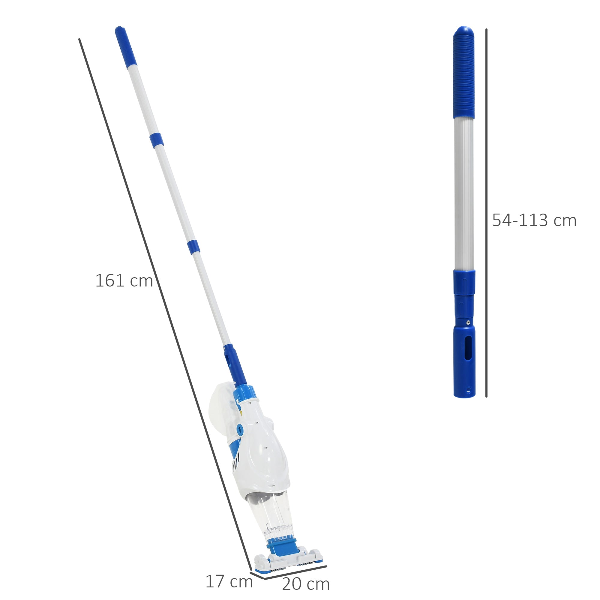 Outsunny Aspirador Limpiafondos para Piscina Manual Eléctrico Autonomía 45 Minutos con Poste Telescópico 54-113 cm Cepillo y Bolsa de Malla para Estanques Spas 161x20x17 cm Blanco