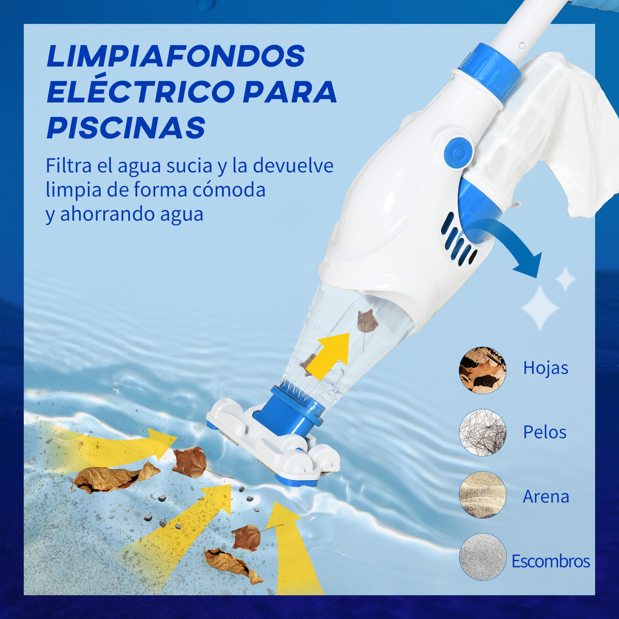 Outsunny Aspirador Limpiafondos para Piscina Manual Eléctrico Autonomía 45 Minutos con Poste Telescópico 54-113 cm Cepillo y Bolsa de Malla para Estanques Spas 161x20x17 cm Blanco
