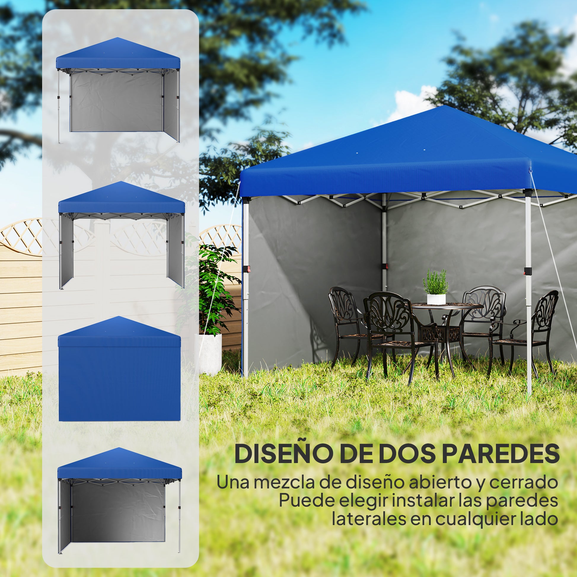 Outsunny Carpa Plegable Pop-up Gazebo 3x3 m Cenador Plegable con 2 Paredes Laterales Anti-UV Altura Ajustable en 3 Niveles Sacos de Arena y Bolsa de Transporte con Ruedas para Camping Fiestas Azul