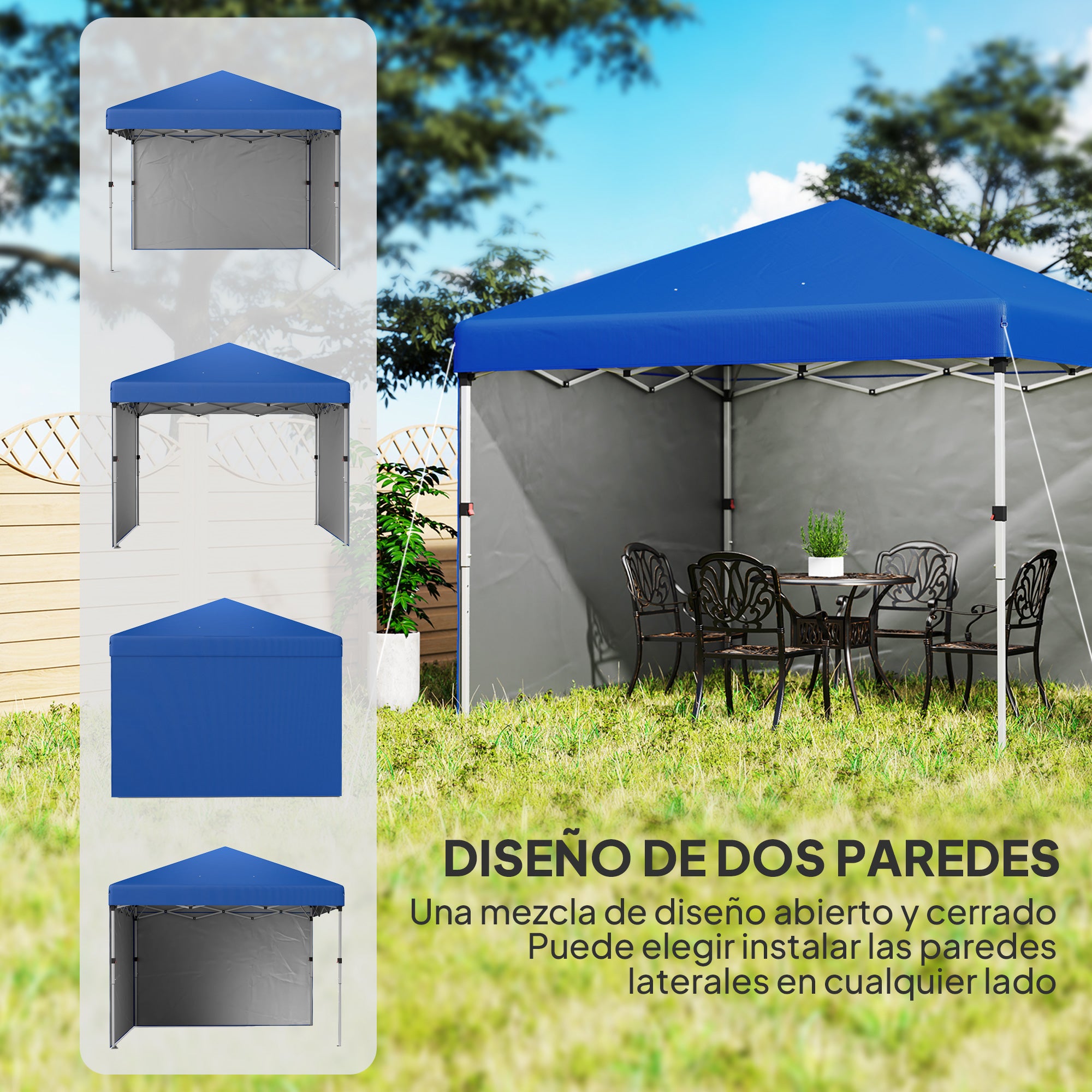Outsunny Carpa Plegable Pop-up Gazebo 3x3 m Cenador Plegable con 2 Paredes Laterales Anti-UV Altura Ajustable en 3 Niveles Sacos de Arena y Bolsa de Transporte con Ruedas para Camping Fiestas Azul