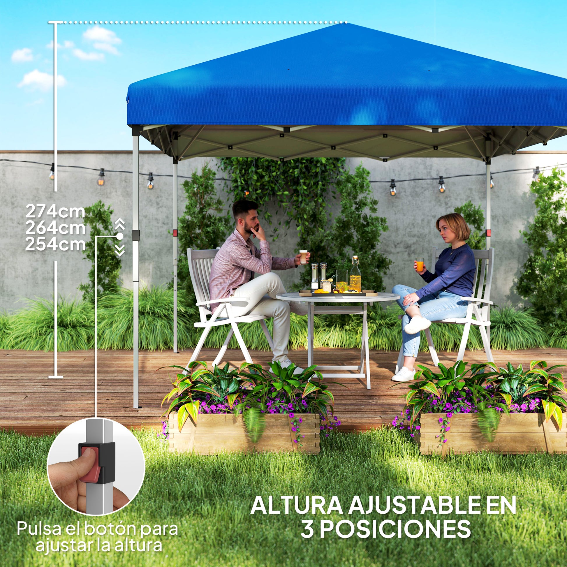 Outsunny Carpa Plegable Pop-up Gazebo 3x3 m Cenador Plegable con 2 Paredes Laterales Anti-UV Altura Ajustable en 3 Niveles Sacos de Arena y Bolsa de Transporte con Ruedas para Camping Fiestas Azul