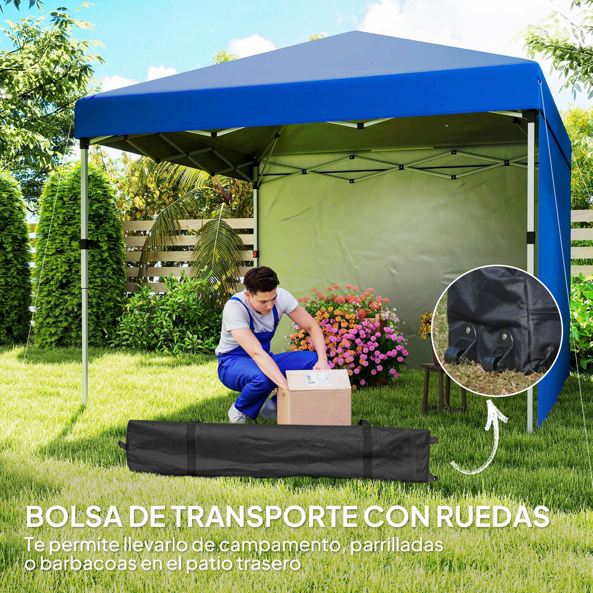Outsunny Carpa Plegable Pop-up Gazebo 3x3 m Cenador Plegable con 2 Paredes Laterales Anti-UV Altura Ajustable en 3 Niveles Sacos de Arena y Bolsa de Transporte con Ruedas para Camping Fiestas Azul