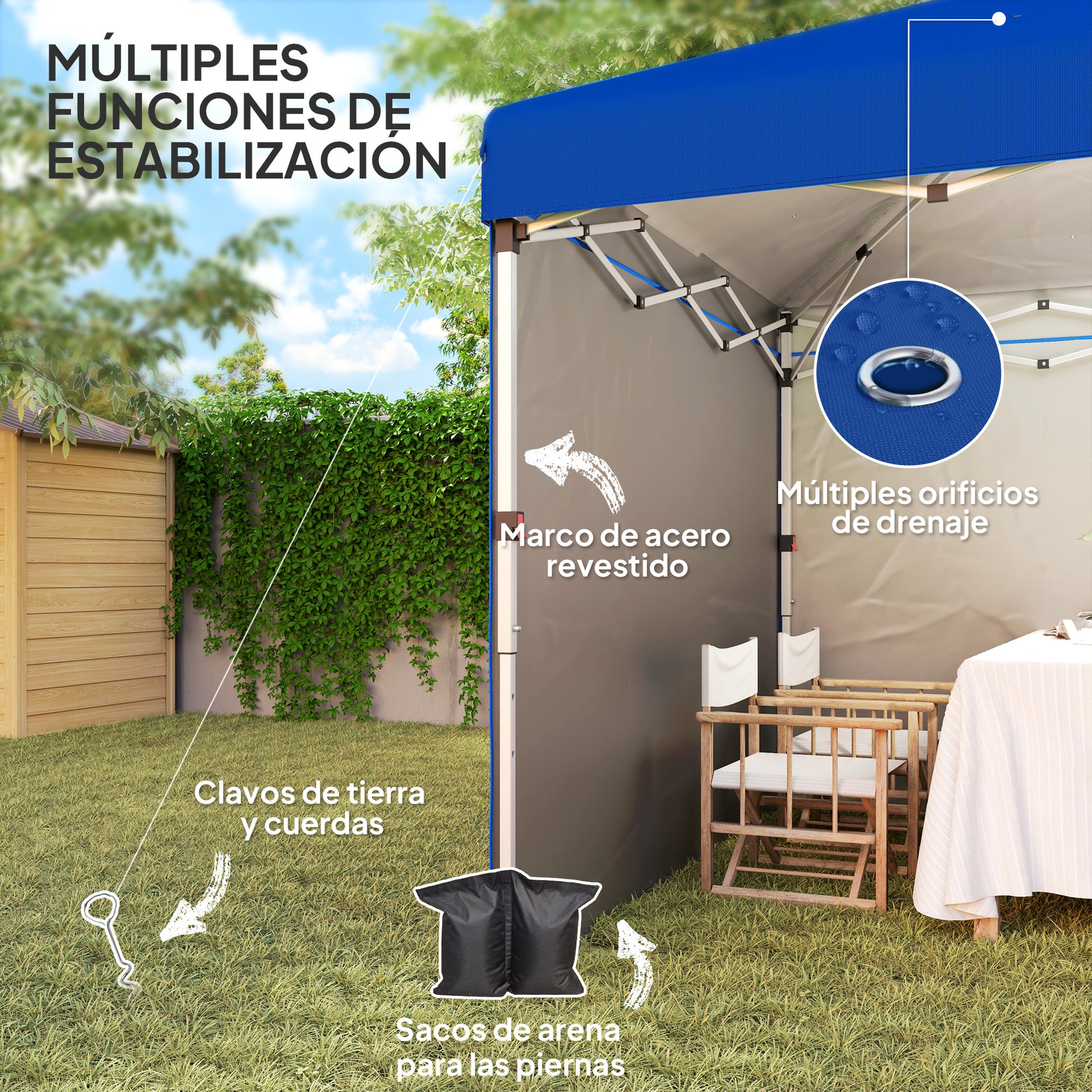 Outsunny Carpa Plegable Pop-up Gazebo 3x3 m Cenador Plegable con 2 Paredes Laterales Anti-UV Altura Ajustable en 3 Niveles Sacos de Arena y Bolsa de Transporte con Ruedas para Camping Fiestas Azul
