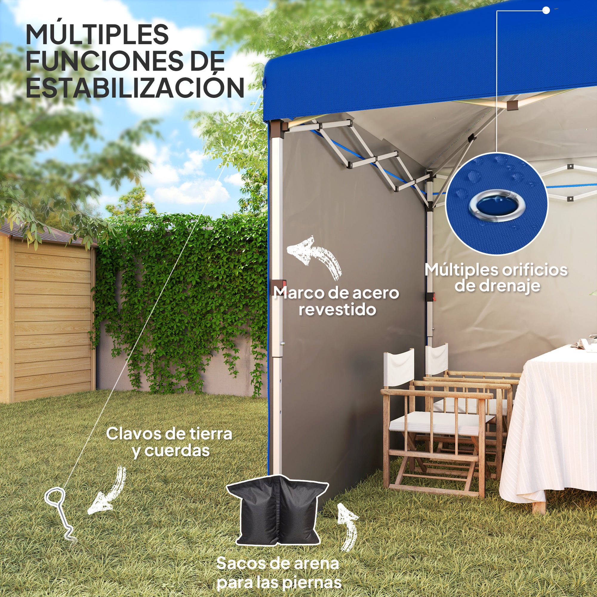 Outsunny Carpa Plegable Pop-up Gazebo 3x3 m Cenador Plegable con 2 Paredes Laterales Anti-UV Altura Ajustable en 3 Niveles Sacos de Arena y Bolsa de Transporte con Ruedas para Camping Fiestas Azul