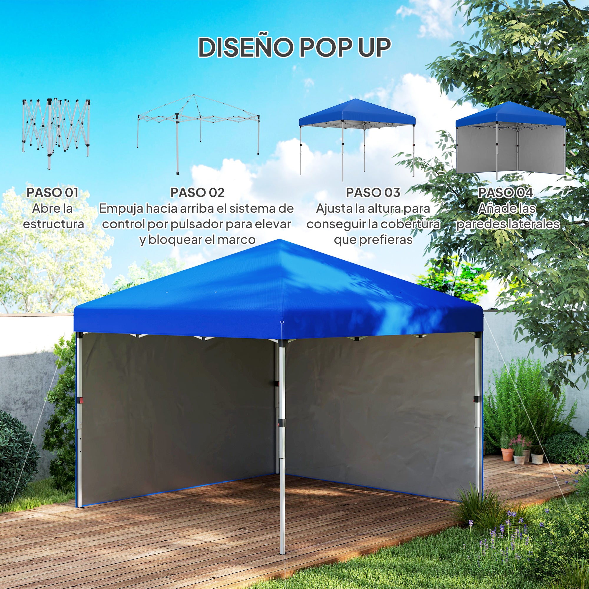 Outsunny Carpa Plegable Pop-up Gazebo 3x3 m Cenador Plegable con 2 Paredes Laterales Anti-UV Altura Ajustable en 3 Niveles Sacos de Arena y Bolsa de Transporte con Ruedas para Camping Fiestas Azul