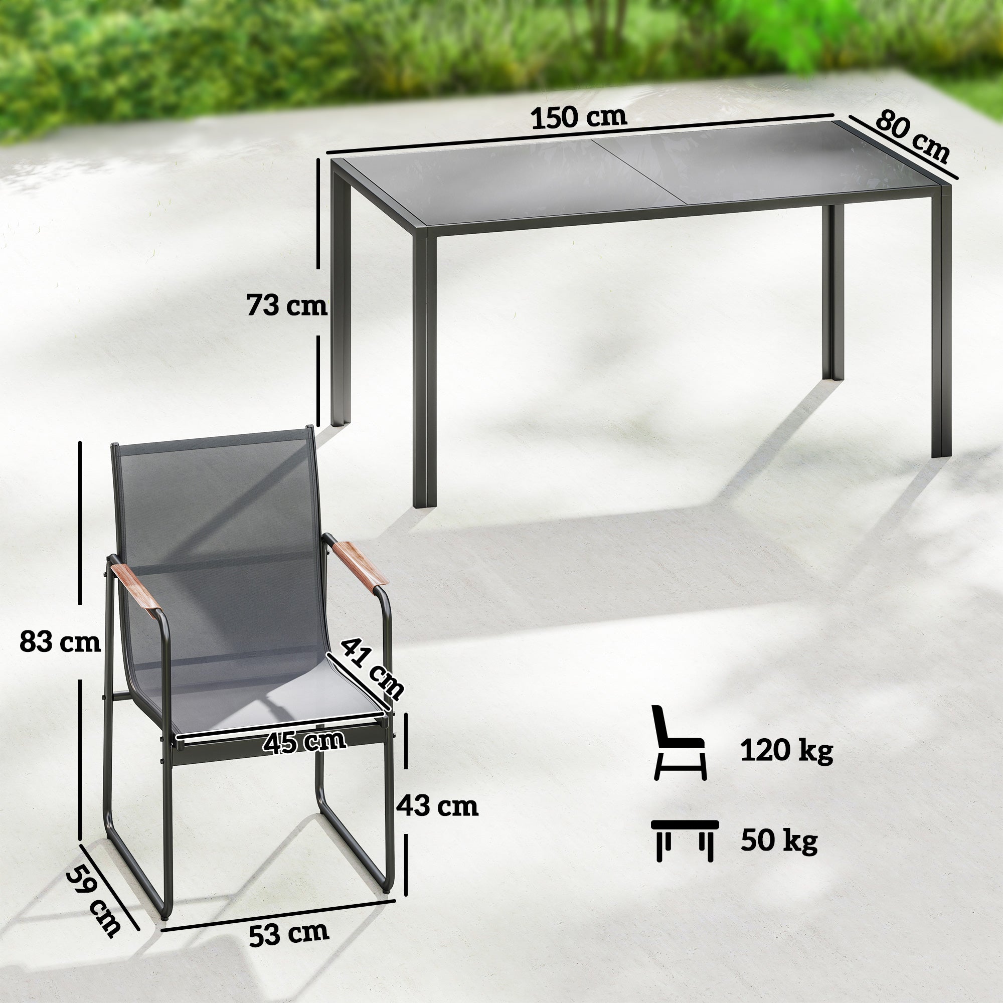 Outsunny Conjunto de Mesa y Sillas Jardín de 7 Piezas, Muebles Jardín Exterior con Mesa de Vidrio Templado, 6 Sillas Transpirables Decorativas, Marco de Acero Resistente a la Intemperie, Gris