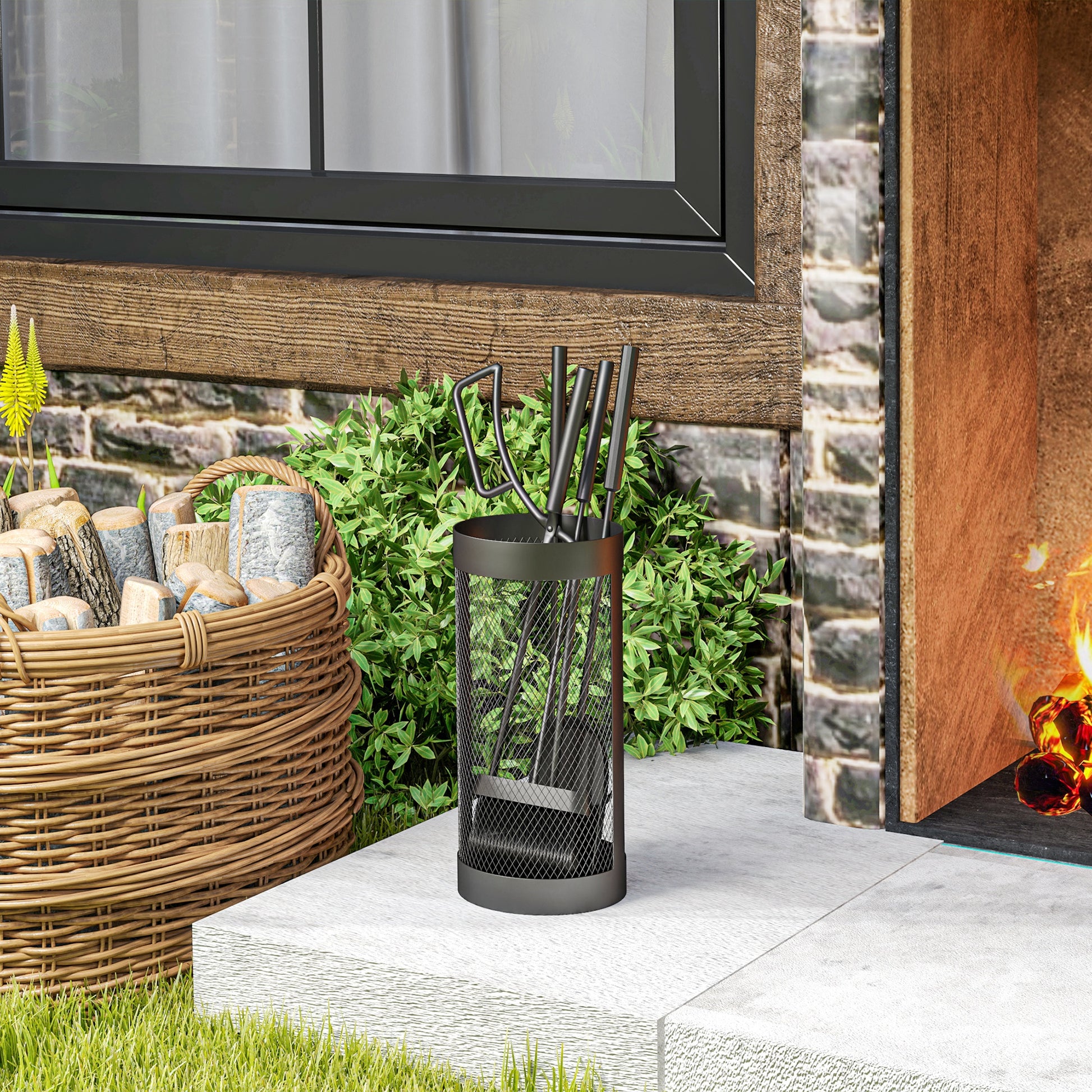 Outsunny Juego Utensilios Chimenea de 5 Piezas, Juego de Accesorios para Chimenea de Metal con Escoba, Pala, Tenazas, Atizador y Soporte, Ø16x33,5 cm, Negro