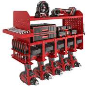 Outsunny Organizador de Herramientas Eléctricas de Jardín, Estante de Almacenamiento de Pared de 2 Niveles para 5 Taladros, Soporte de Metal con Bandeja Lateral y 4 Ganchos, para Garaje,Taller, Rojo
