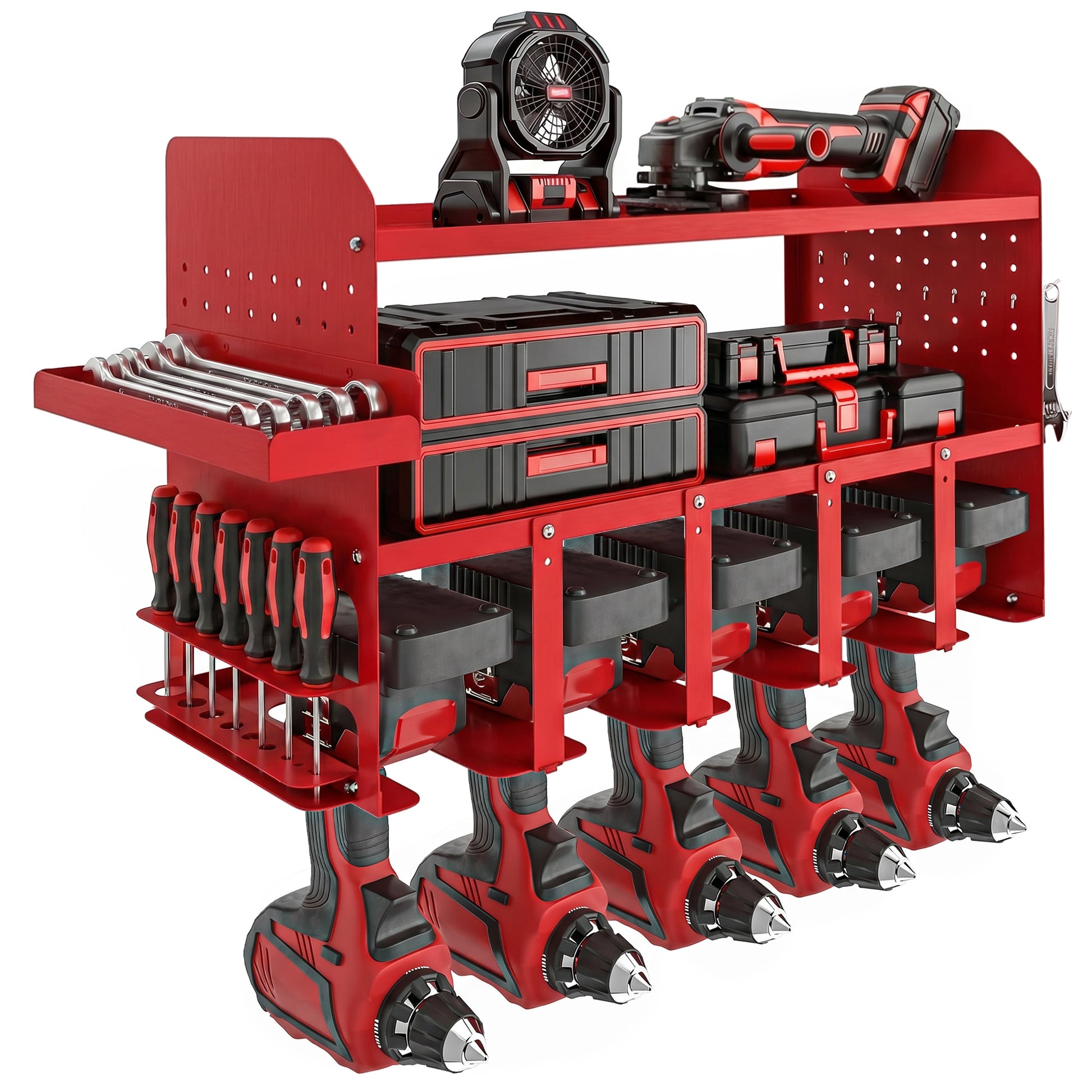 Outsunny Organizador de Herramientas Eléctricas de Jardín, Estante de Almacenamiento de Pared de 2 Niveles para 5 Taladros, Soporte de Metal con Bandeja Lateral y 4 Ganchos, para Garaje,Taller, Rojo