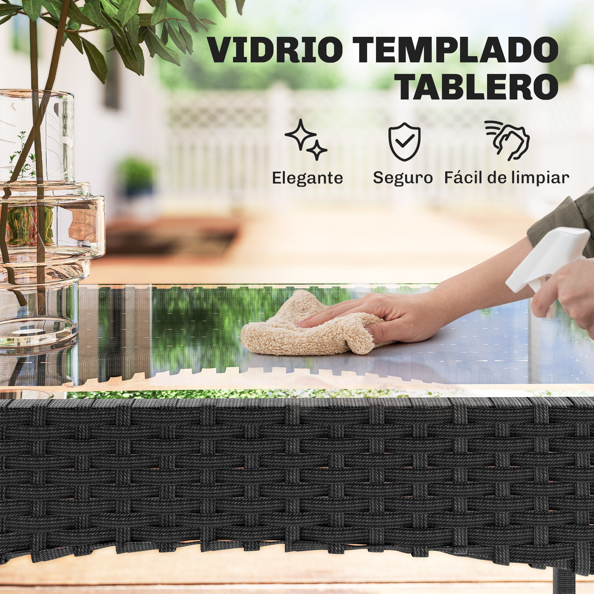 Outsunny Conjunto Jardín Exterior de Ratán con Cojines Conjunto Terraza Resistente a la Intemperie Muebles Jardín Exterior con 2 Sillones Sofá de 2 Plazas Mesa con Cristal Negro y Crema