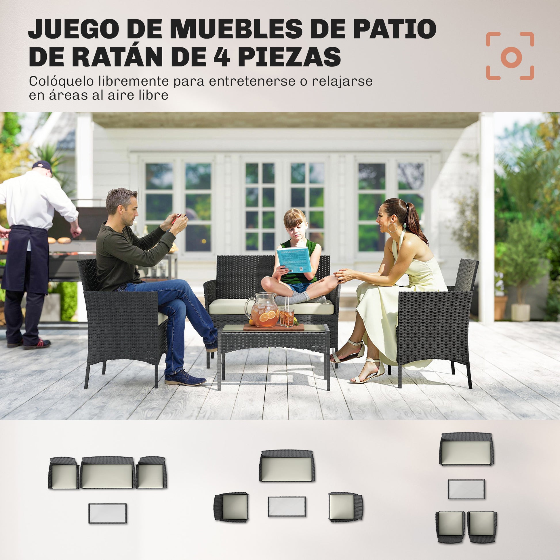 Outsunny Conjunto Jardín Exterior de Ratán con Cojines Conjunto Terraza Resistente a la Intemperie Muebles Jardín Exterior con 2 Sillones Sofá de 2 Plazas Mesa con Cristal Negro y Crema