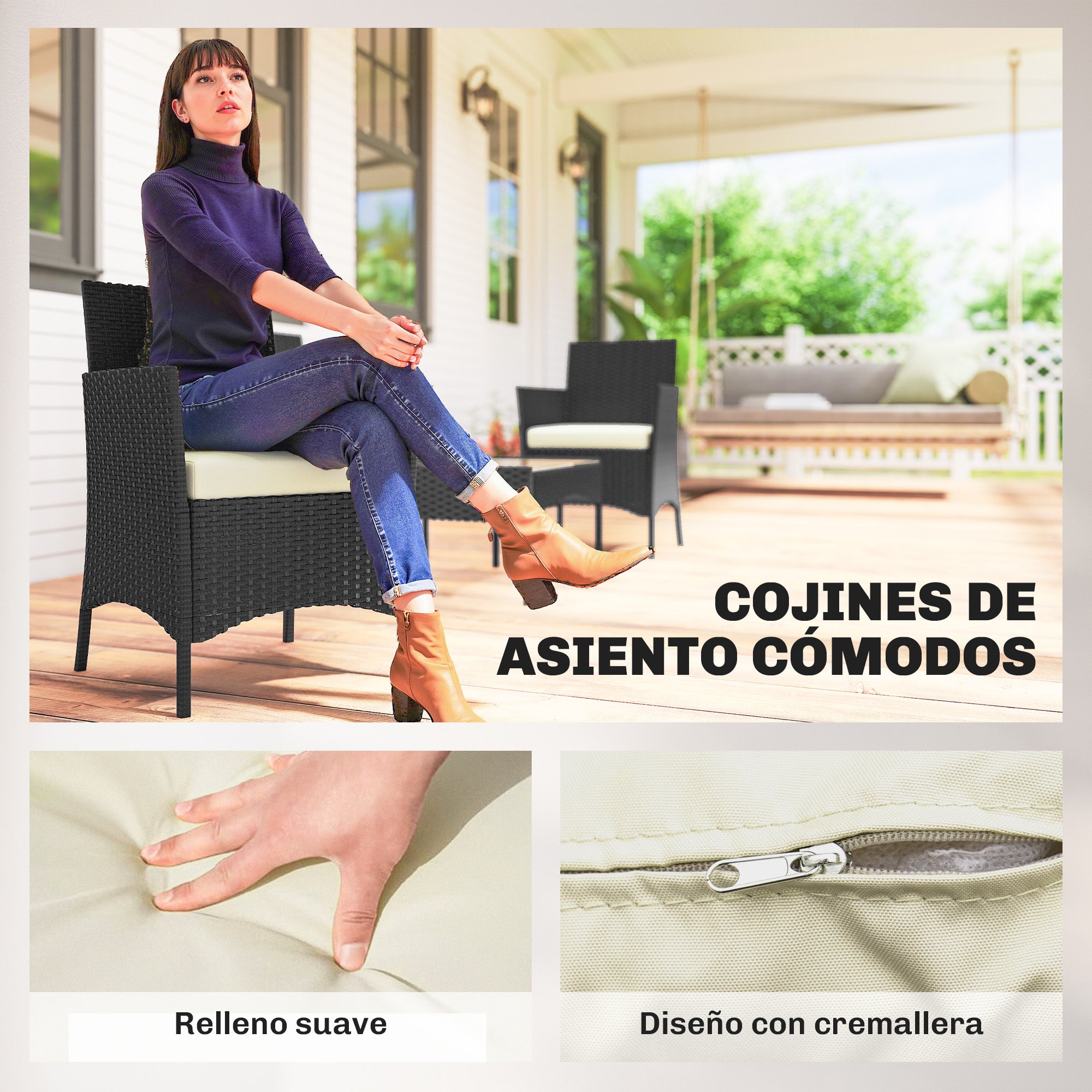Outsunny Conjunto Jardín Exterior de Ratán con Cojines Conjunto Terraza Resistente a la Intemperie Muebles Jardín Exterior con 2 Sillones Sofá de 2 Plazas Mesa con Cristal Negro y Crema