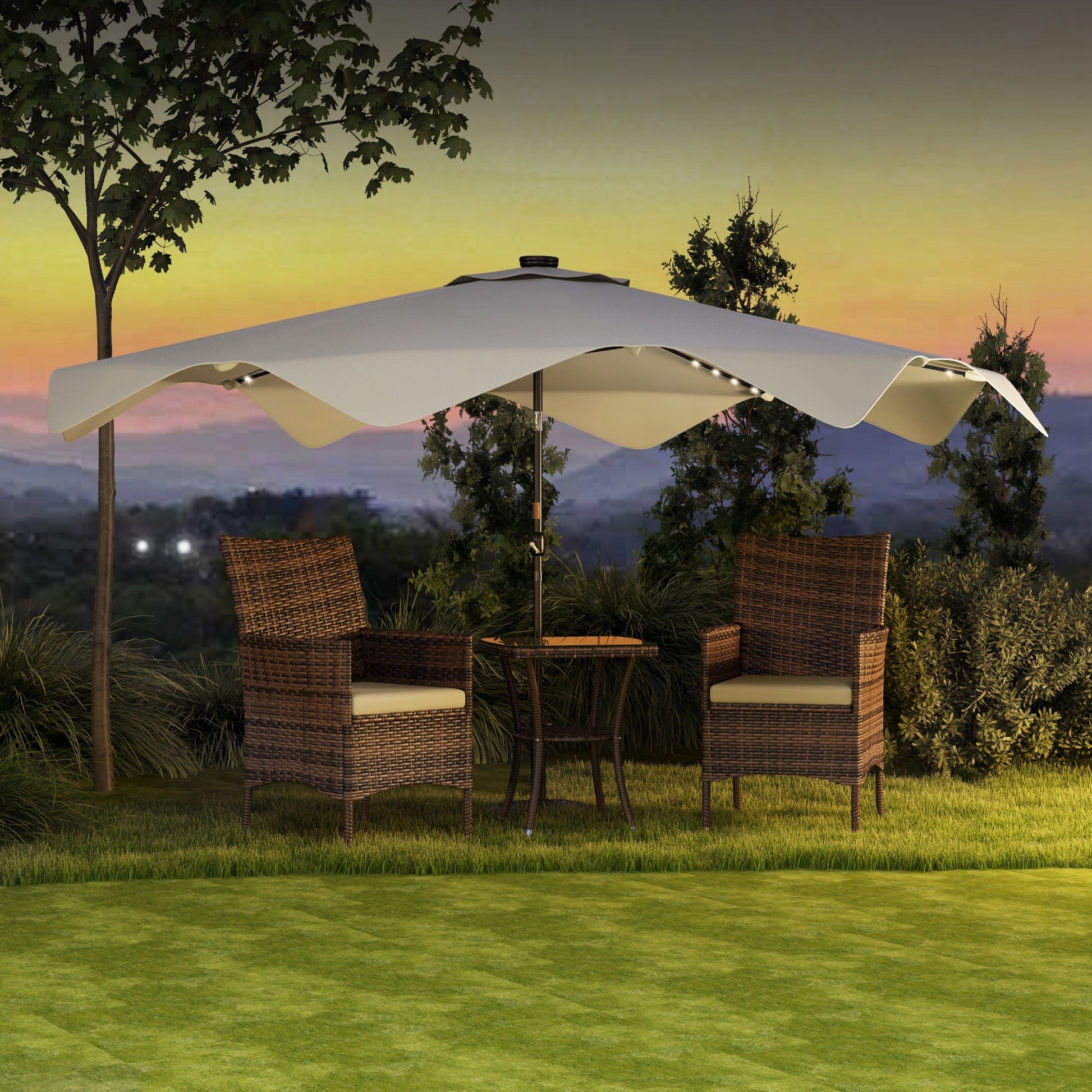Outsunny Sombrilla de Jardín Ø292x248 cm Parasol de Terraza Manual con 32 Luces LED Solares 8 Varillas Ángulo Ajustable Impermeable y Rejillas de Ventilación para Patio Balcón Crema