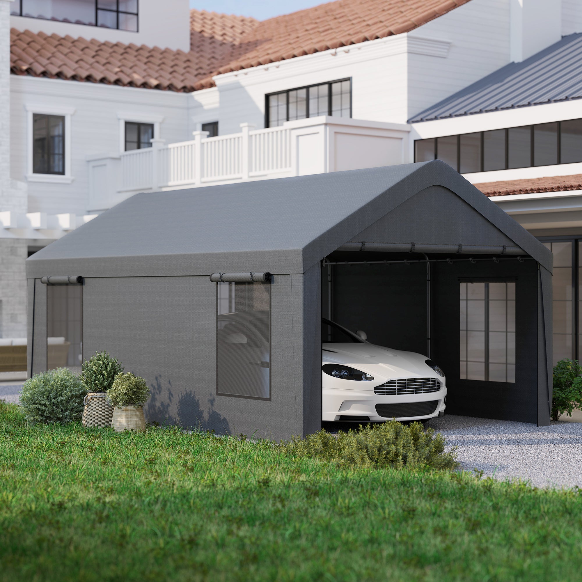 Outsunny Carpa Garaje Portátil 6x3,6 m, Garaje Exterior para Coche Impermeable, Cobertizo de Almacenamiento Anti-UV, con Paredes Laterales Desmontables y 2 Puertas con Cremallera, para Coche, Gris