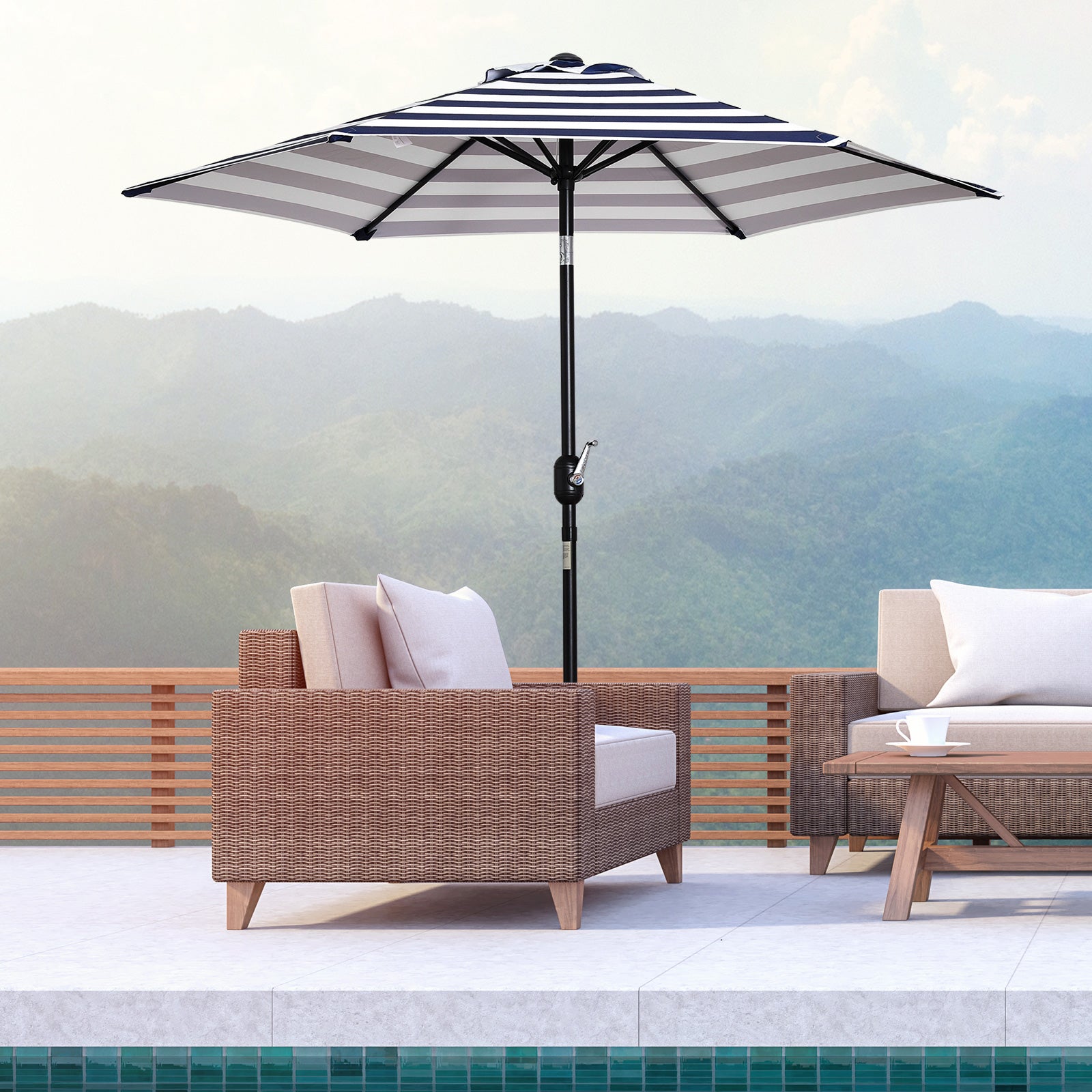 Outsunny Sombrilla Terraza Exterior, Ø230x216 cm, Sombrilla de Jardín con Ángulo Ajustable y Manivela, Impermeable, Parasol para Patio, Terraza, Azul y Blanco