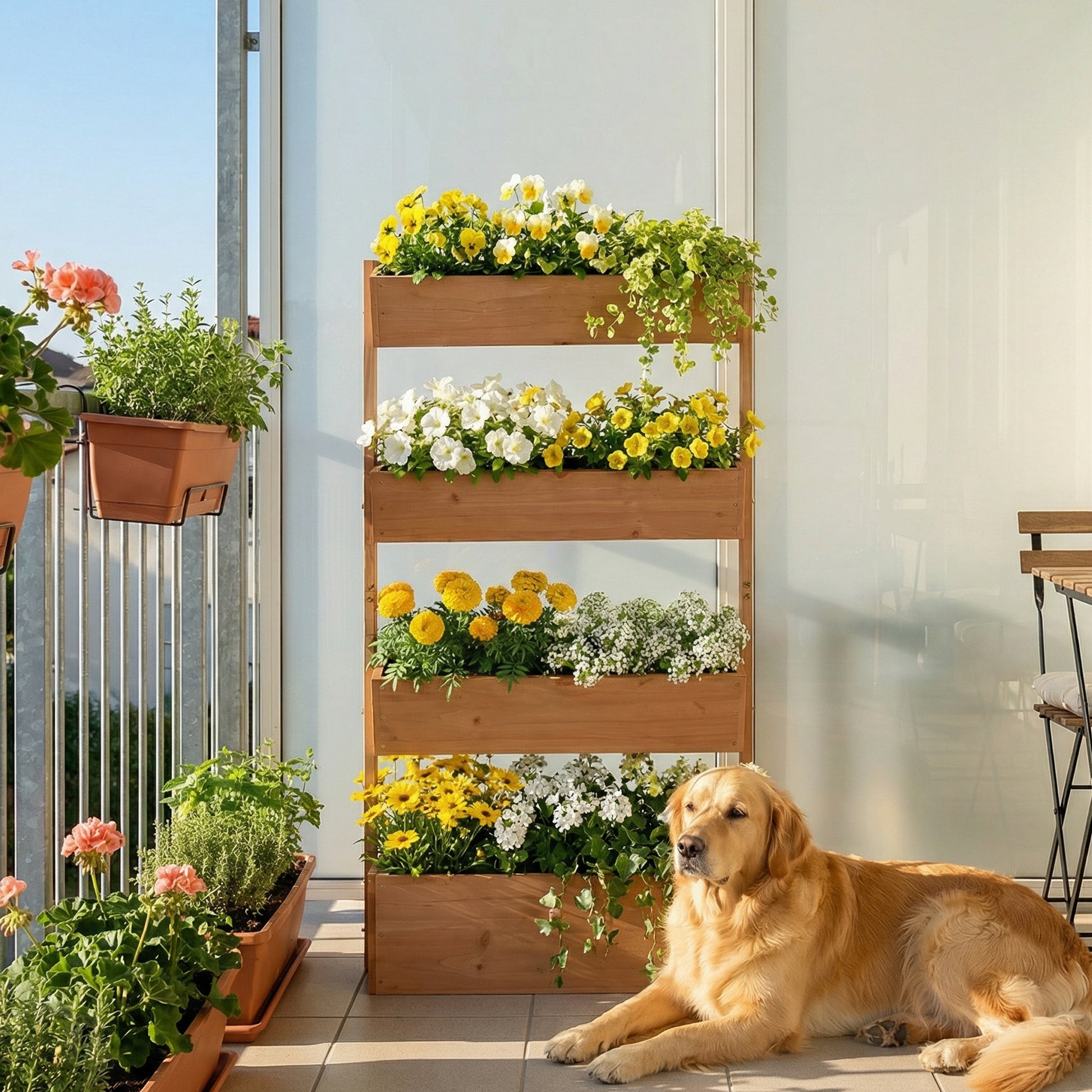 Outsunny Jardinera de Madera de 4 Niveles, Jardinera Exterior Elevada con Orificios de Drenaje y Tela no Tejida, Macetero para Cultivos, Plantas, Flores, para Terraza, Jardín, 85x45x140 cm, Marrón