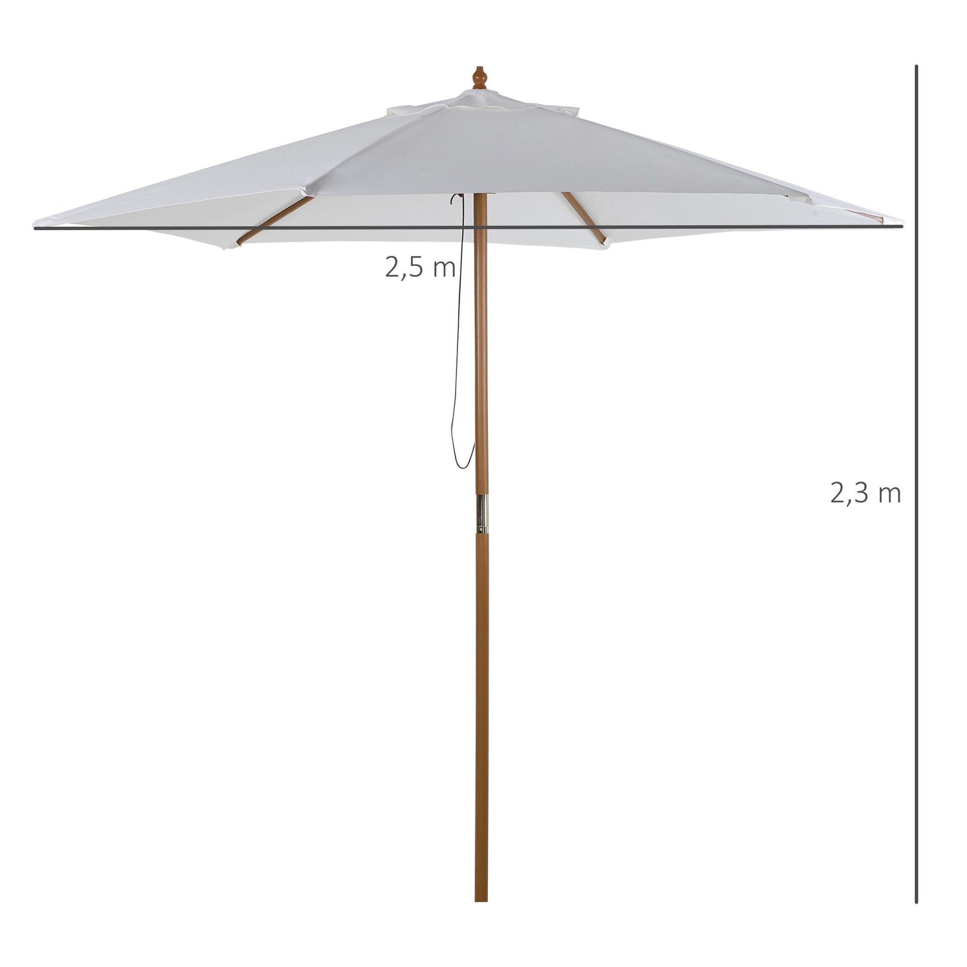 Outsunny Sombrilla de Jardín Ø250x230 cm Parasol de Terraza con 6 Varillas Poste Desmontable Anti-UV Impermeable y Marco de Madera para Playa Patio Blanco
