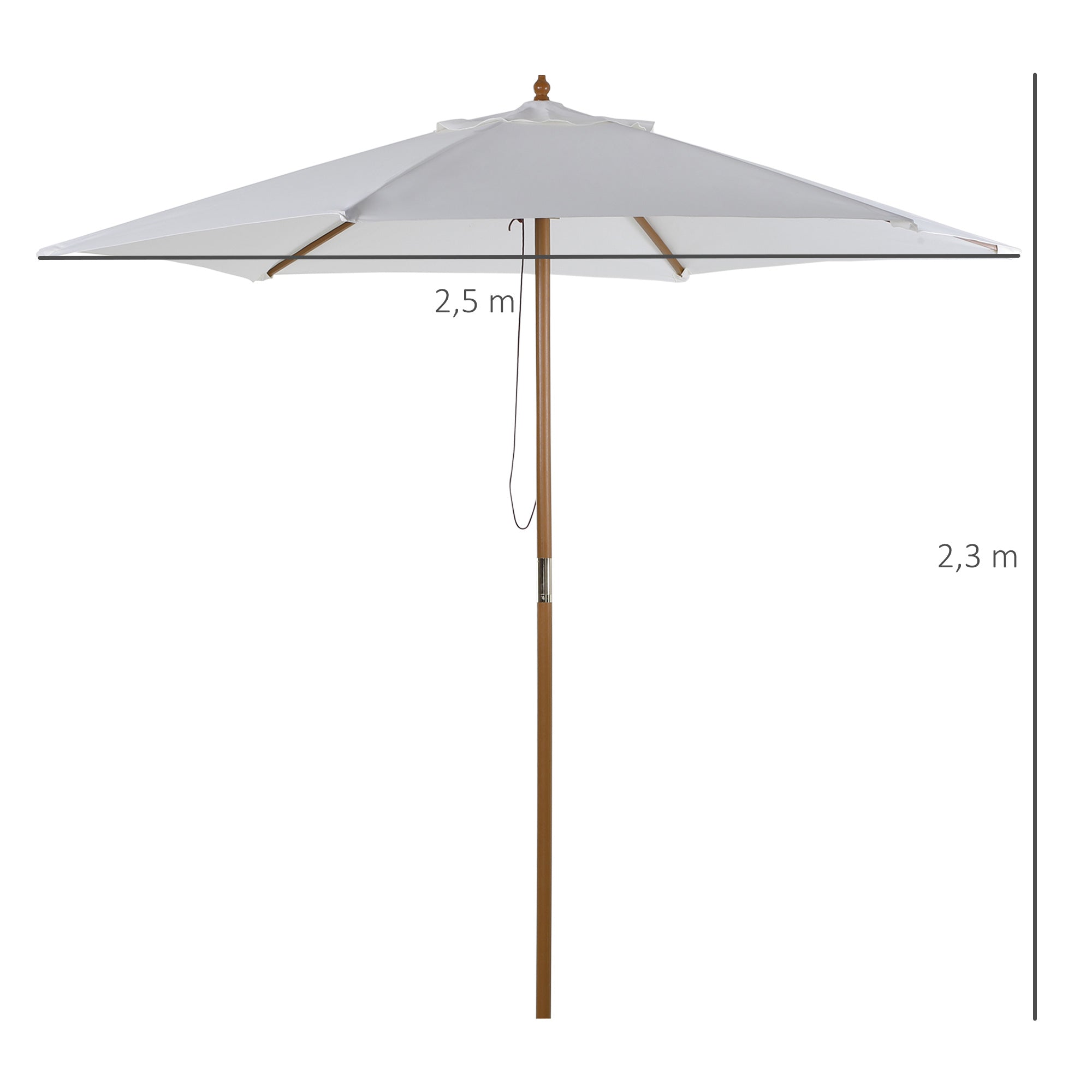 Outsunny Sombrilla de Jardín Ø250x230 cm Parasol de Terraza con 6 Varillas Poste Desmontable Anti-UV Impermeable y Marco de Madera para Playa Patio Blanco