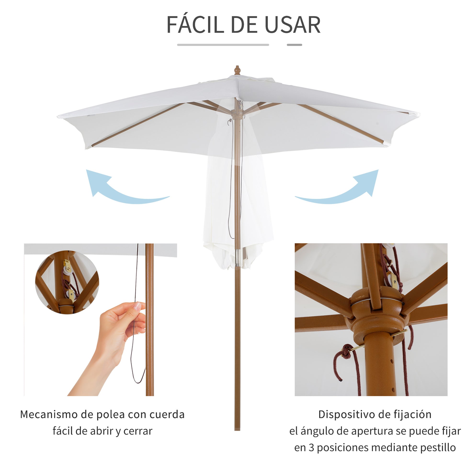 Outsunny Sombrilla de Jardín Ø250x230 cm Parasol de Terraza con 6 Varillas Poste Desmontable Anti-UV Impermeable y Marco de Madera para Playa Patio Blanco