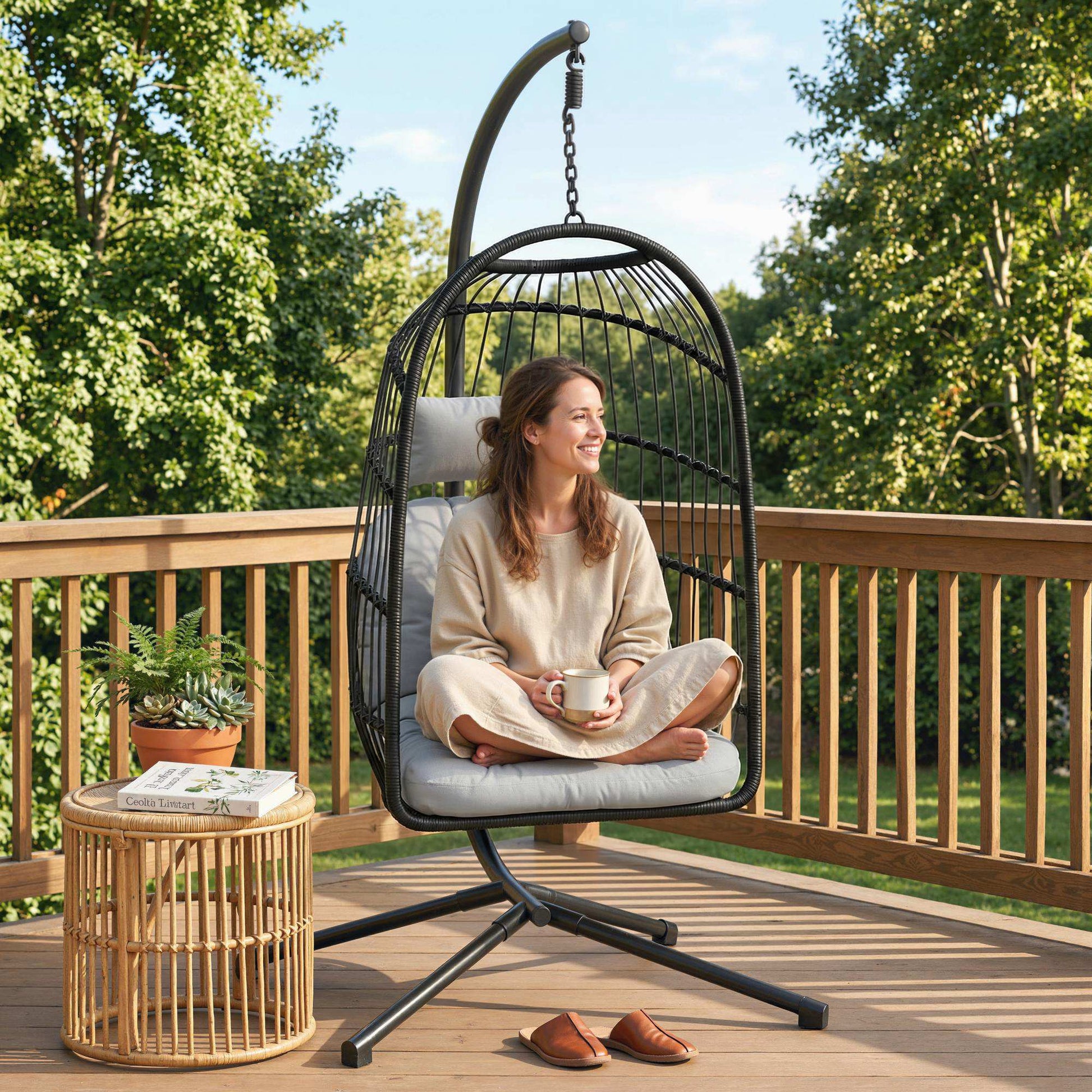 Outsunny Silla Colgante Huevo con Soporte, Columpio Jardín Exterior con Cesta Plegable de Ratán, Cojín Grueso, Reposacabezas, Altura Ajustable, Estructura Metálica para Interior y Exterior, Gris Claro