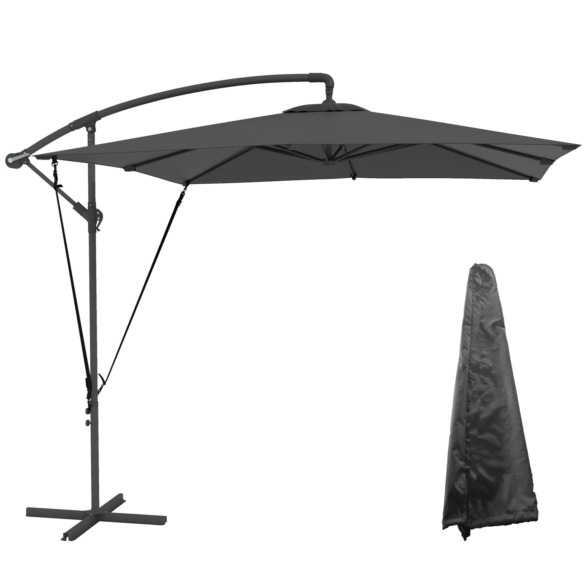 Outsunny Parasol Excéntrico 247x247 cm Sombrilla de Jardín con Base Cruzada Cubierta Ajustable Manivela Funda Protectora y Cuerda de Viento Anti-UV 50+ Sombrilla para Terraza Patio Gris Oscuro