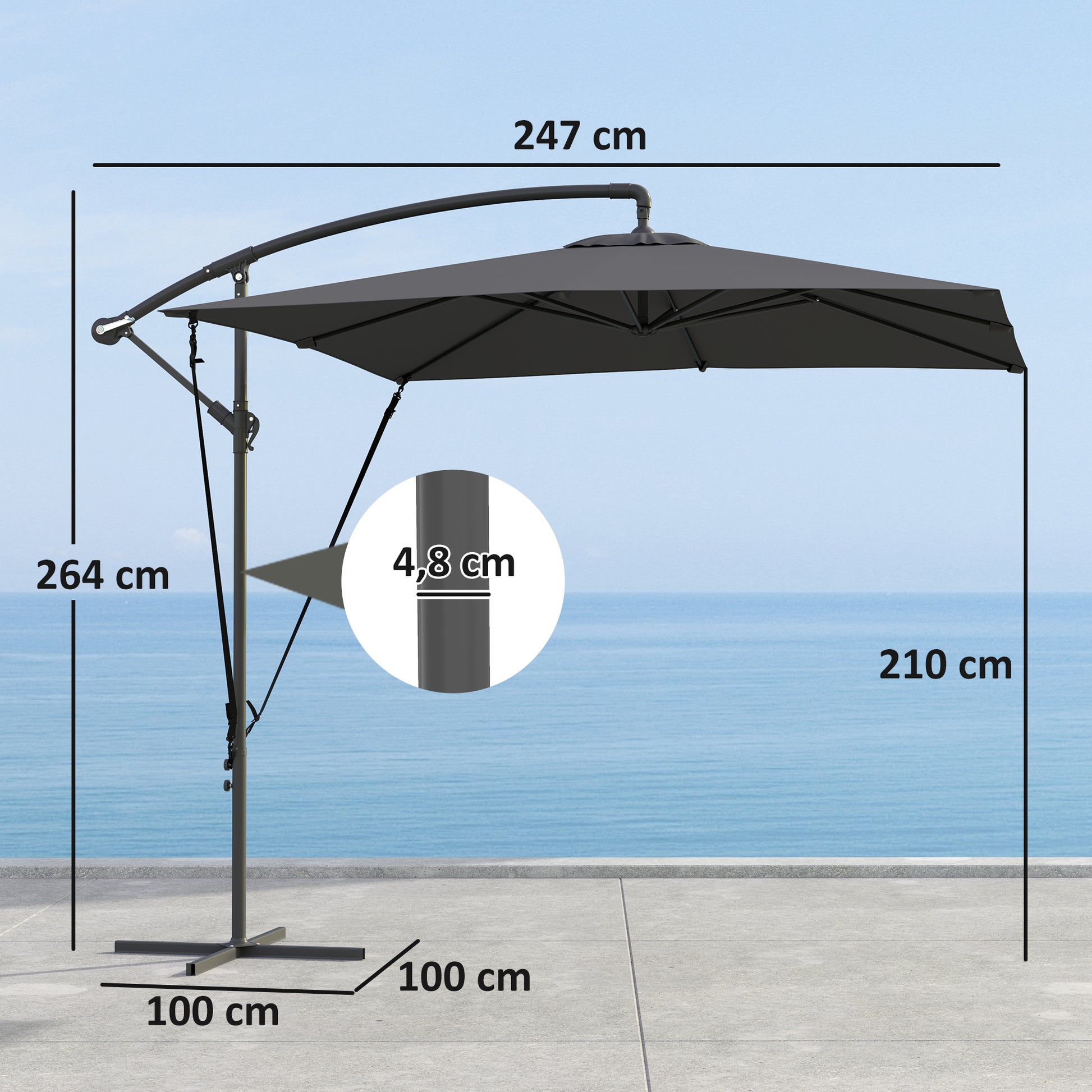 Outsunny Parasol Excéntrico 247x247 cm Sombrilla de Jardín con Base Cruzada Cubierta Ajustable Manivela Funda Protectora y Cuerda de Viento Anti-UV 50+ Sombrilla para Terraza Patio Gris Oscuro