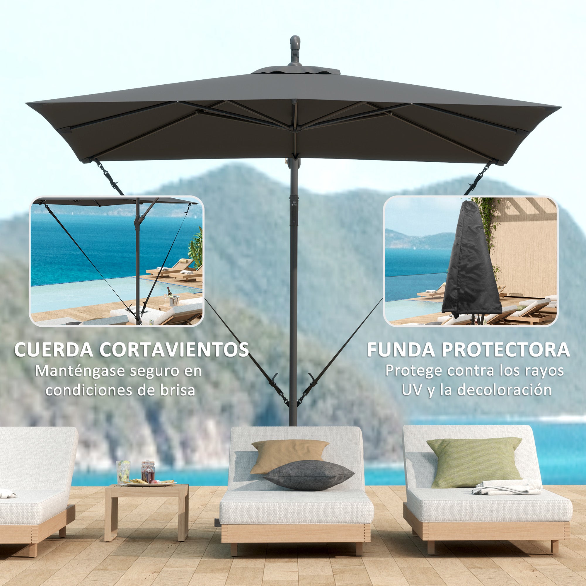 Outsunny Parasol Excéntrico 247x247 cm Sombrilla de Jardín con Base Cruzada Cubierta Ajustable Manivela Funda Protectora y Cuerda de Viento Anti-UV 50+ Sombrilla para Terraza Patio Gris Oscuro