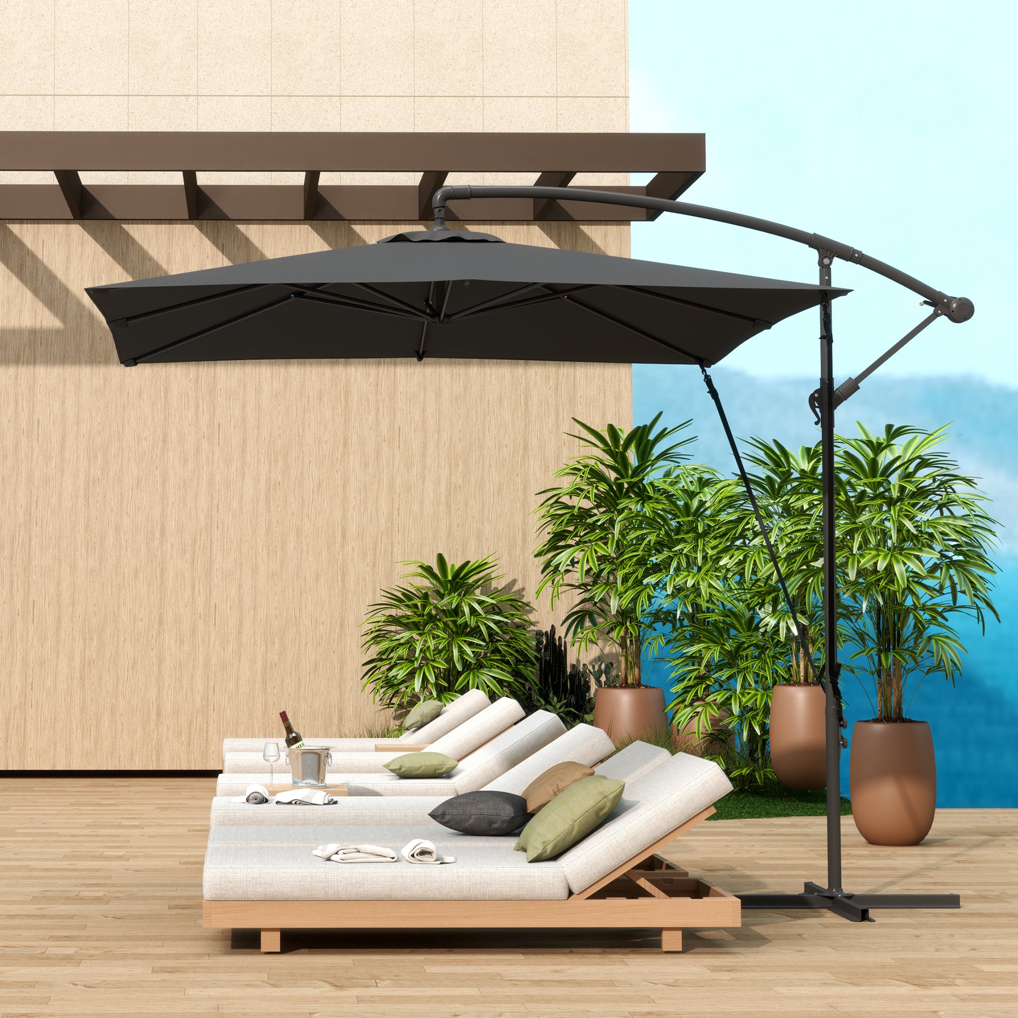 Outsunny Parasol Excéntrico 247x247 cm Sombrilla de Jardín con Base Cruzada Cubierta Ajustable Manivela Funda Protectora y Cuerda de Viento Anti-UV 50+ Sombrilla para Terraza Patio Gris Oscuro