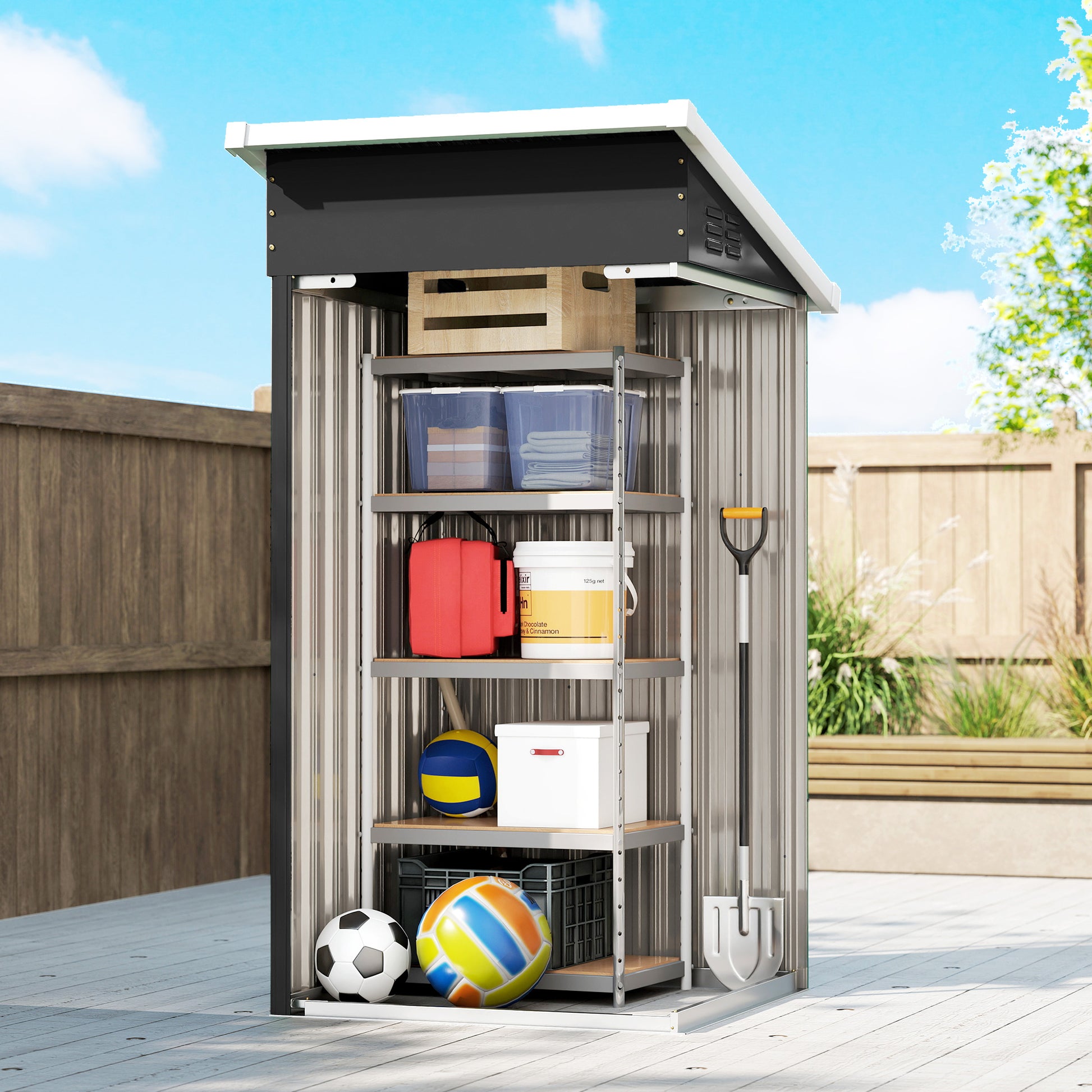 Outsunny Caseta de Jardín Exterior 0,74 m², 107,5x91x185 cm, Cobertizo de Jardín Exterior Metálico con Techo Inclinado, Puerta con Cerradura y Ventilaciones para Almacenamiento de Herramientas, Gris