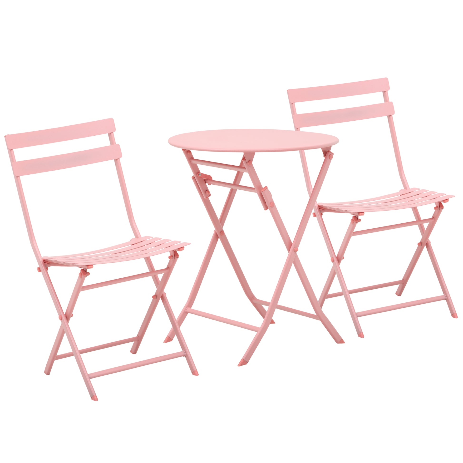 Outsunny Conjunto de Muebles de Jardín Plegable Juego de 1 Mesa Redonda y 2 Sillas de Terraza con Marco de Acero y Respaldo para Balcón Patio Rosa