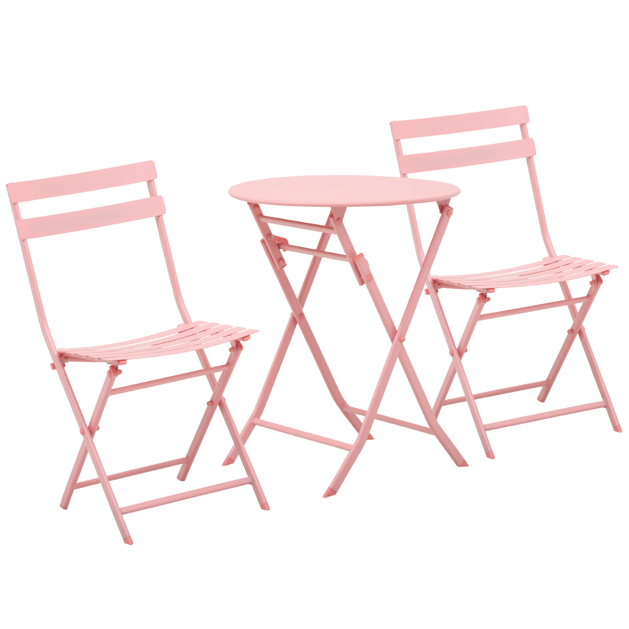 Outsunny Conjunto de Muebles de Jardín Plegable Juego de 1 Mesa Redonda y 2 Sillas de Terraza con Marco de Acero y Respaldo para Balcón Patio Rosa