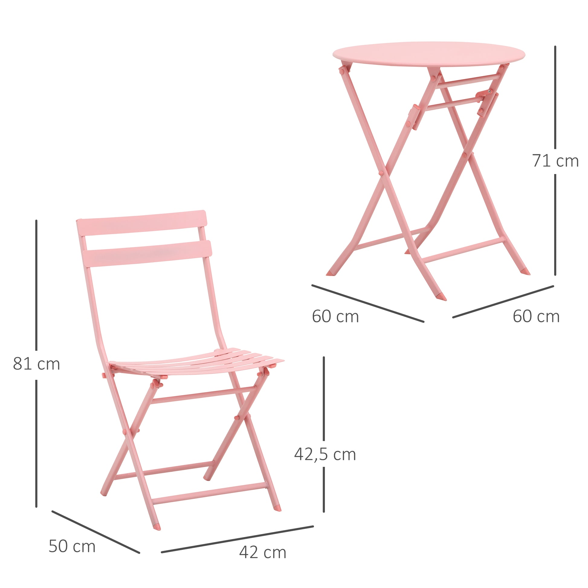 Outsunny Conjunto de Muebles de Jardín Plegable Juego de 1 Mesa Redonda y 2 Sillas de Terraza con Marco de Acero y Respaldo para Balcón Patio Rosa