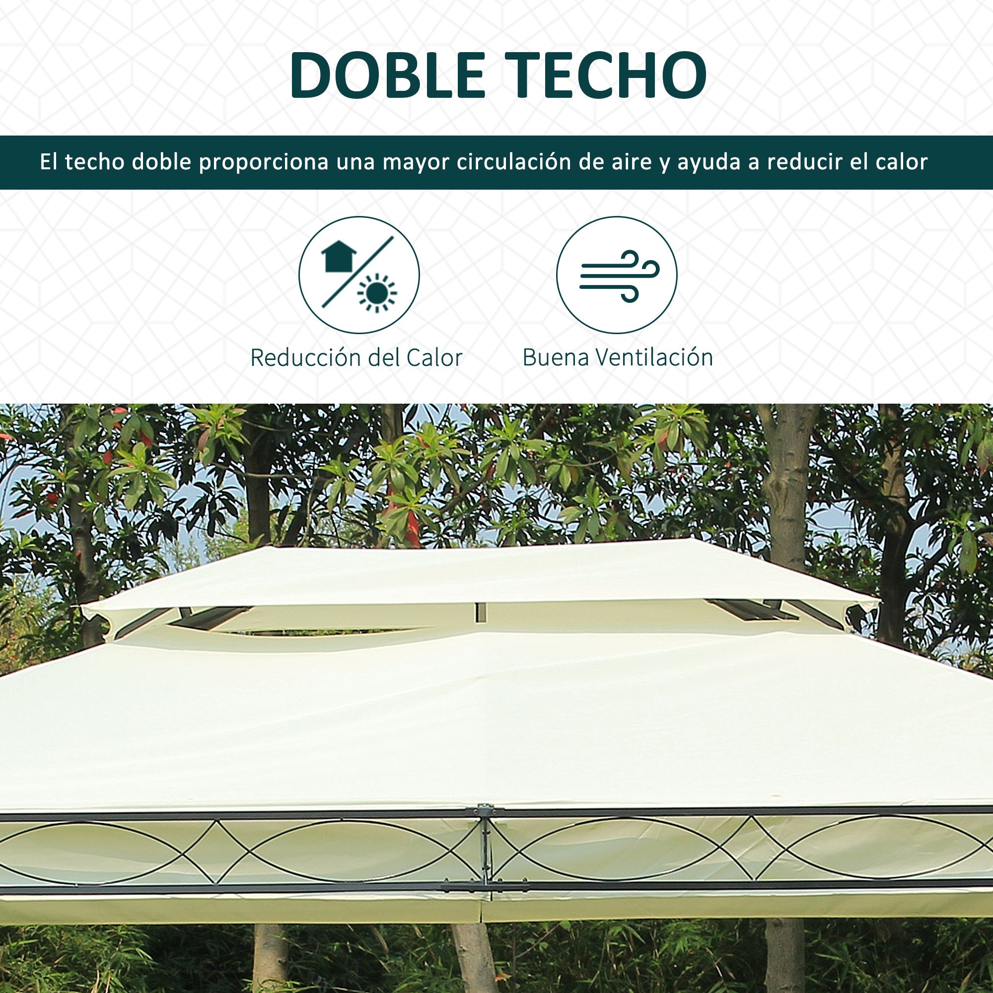 Outsunny Cenador de Jardín 4x3 m, Pabellón de Jardín Gazebo con Doble Techo, 4 Cortinas, Marco de Acero, 8 Orificios de Drenaje, Anti-UV, Carpa para Exterior, Terraza, Patio, Blanco Crema