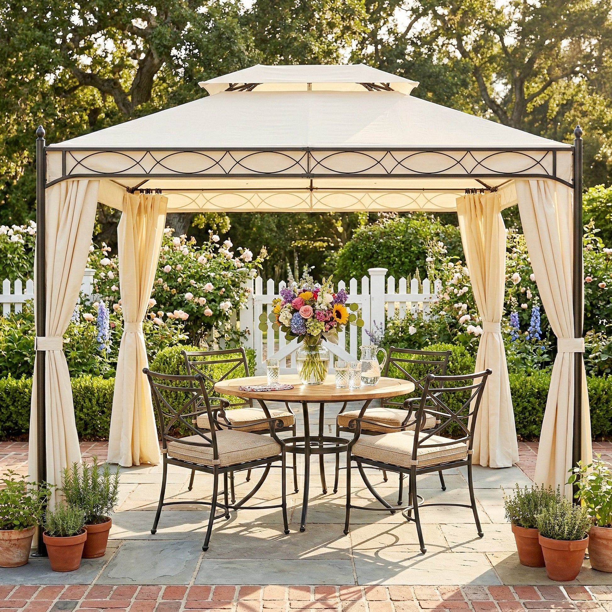 Outsunny Cenador de Jardín 4x3 m, Pabellón de Jardín Gazebo con Doble Techo, 4 Cortinas, Marco de Acero, 8 Orificios de Drenaje, Anti-UV, Carpa para Exterior, Terraza, Patio, Blanco Crema