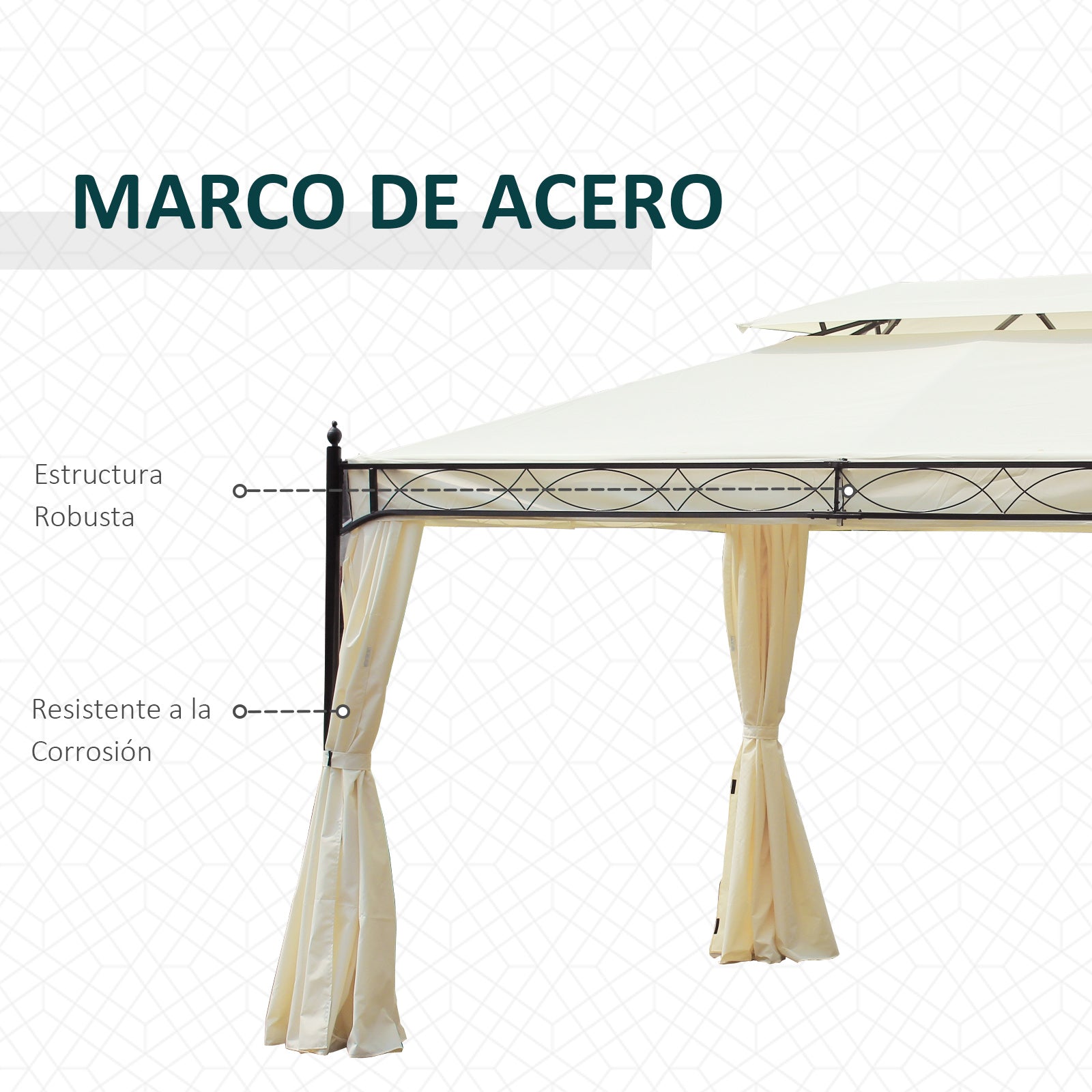 Outsunny Cenador de Jardín 4x3 m, Pabellón de Jardín Gazebo con Doble Techo, 4 Cortinas, Marco de Acero, 8 Orificios de Drenaje, Anti-UV, Carpa para Exterior, Terraza, Patio, Blanco Crema