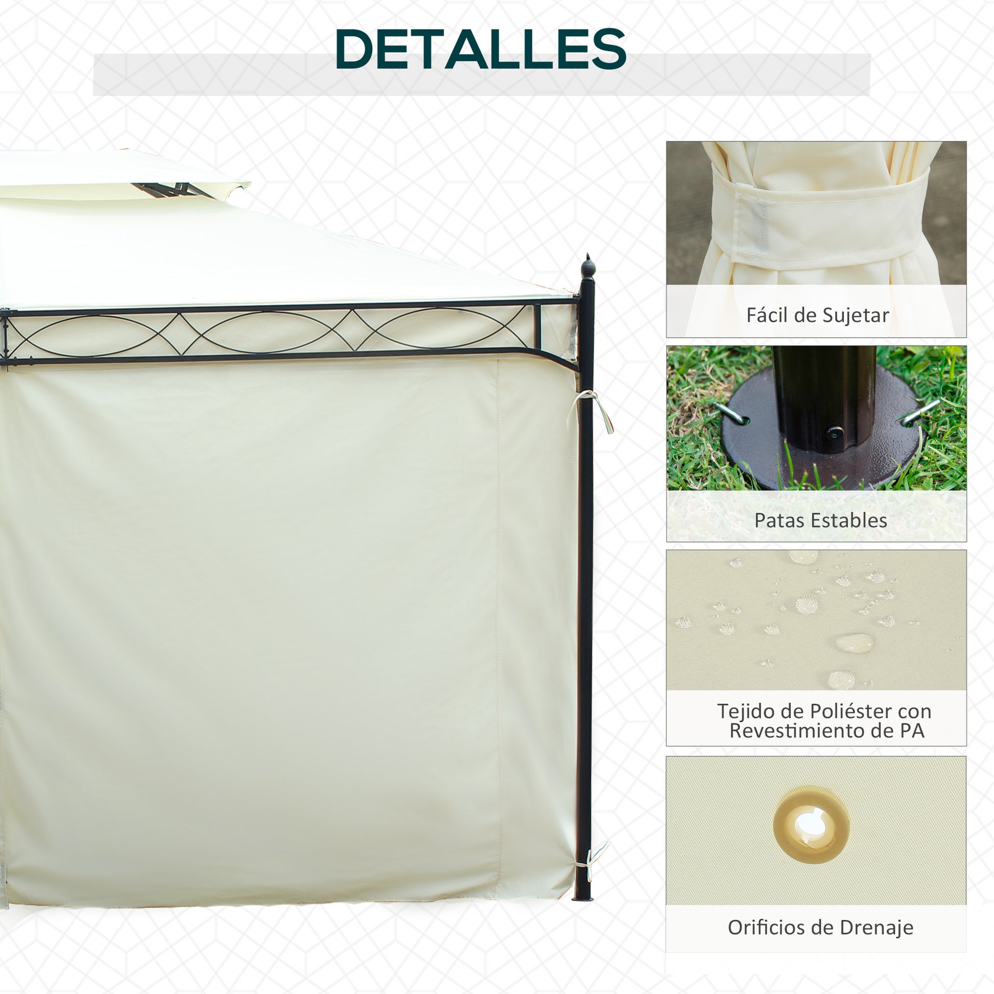 Outsunny Cenador de Jardín 4x3 m, Pabellón de Jardín Gazebo con Doble Techo, 4 Cortinas, Marco de Acero, 8 Orificios de Drenaje, Anti-UV, Carpa para Exterior, Terraza, Patio, Blanco Crema