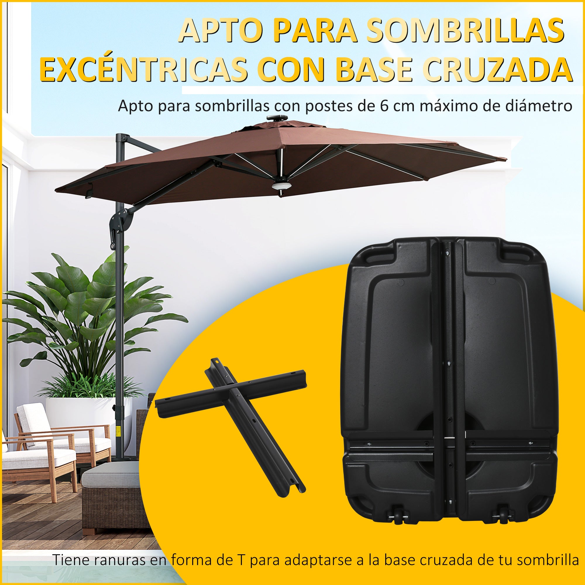Outsunny Base de Sombrilla con 2 Ruedas Rellenable de Agua 80 kg Arena 90 kg o Mixto 100 kg Soporte de Parasol para Base Cruzada para Jardín Patio Terraza 80x60x20 cm Negro
