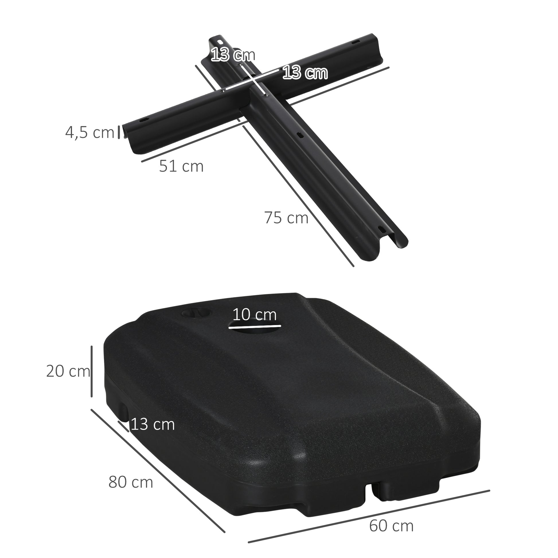 Outsunny Base de Sombrilla con 2 Ruedas Rellenable de Agua 80 kg Arena 90 kg o Mixto 100 kg Soporte de Parasol para Base Cruzada para Jardín Patio Terraza 80x60x20 cm Negro