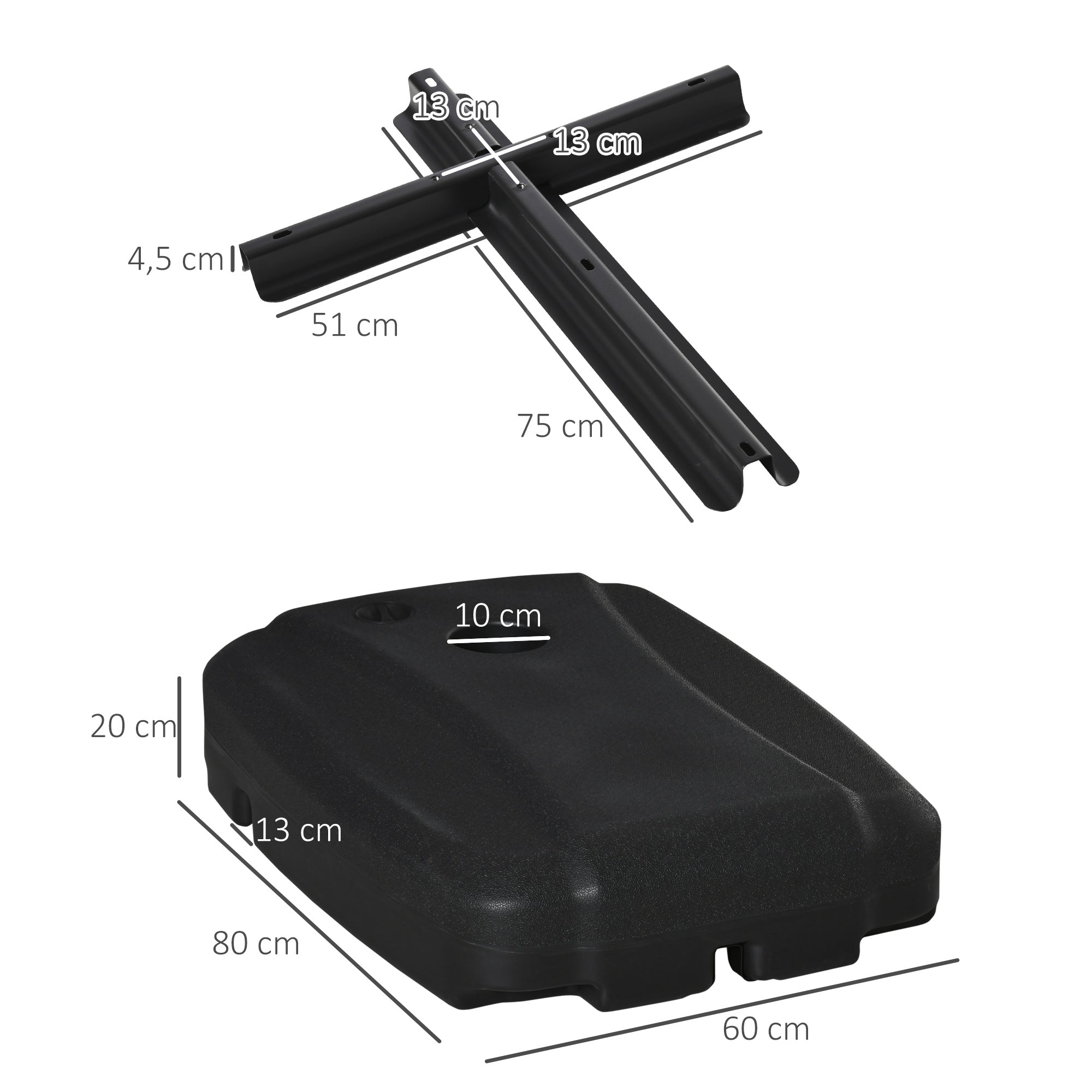 Outsunny Base de Sombrilla con 2 Ruedas Rellenable de Agua 80 kg Arena 90 kg o Mixto 100 kg Soporte de Parasol para Base Cruzada para Jardín Patio Terraza 80x60x20 cm Negro