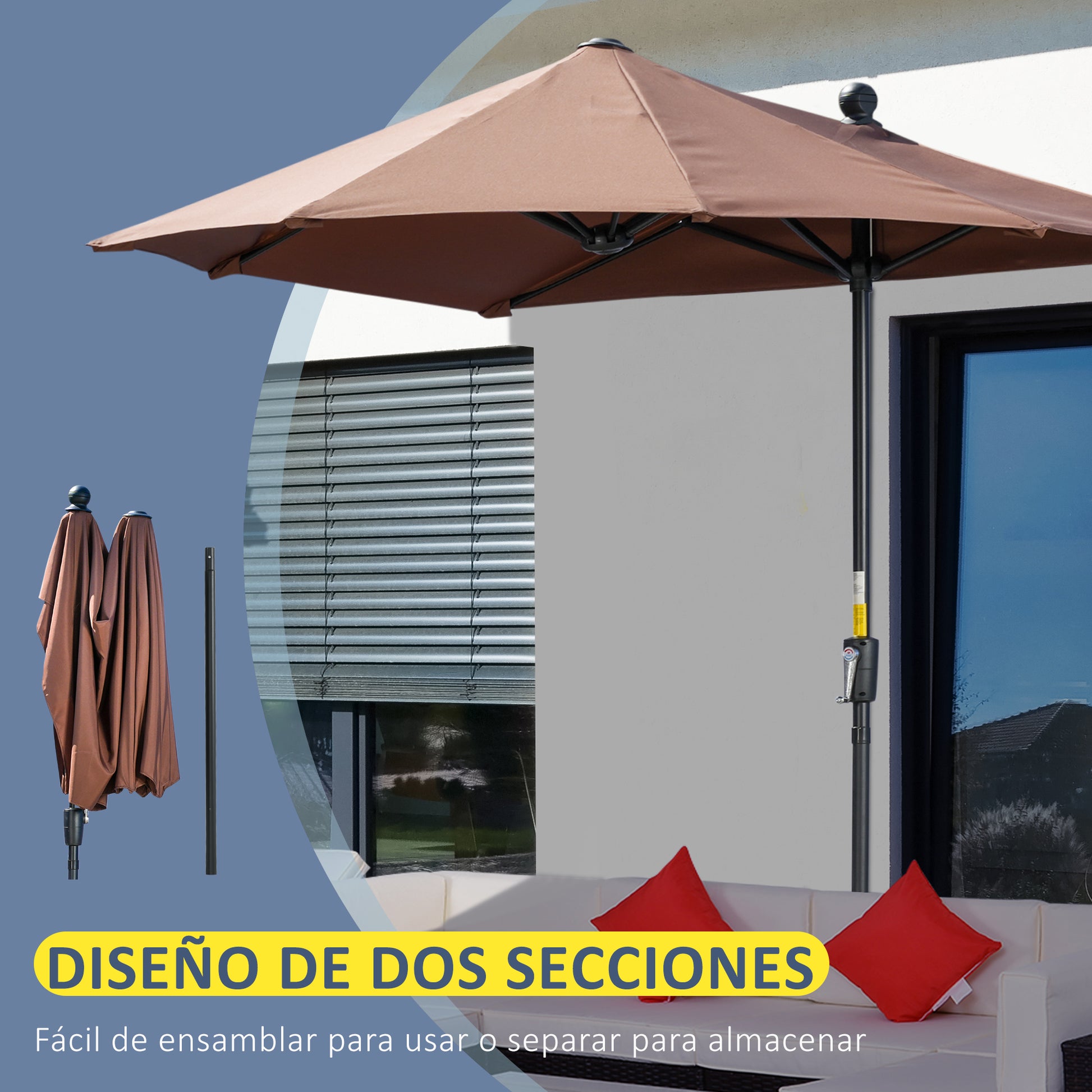Outsunny Sombrilla de Pared de Jardín 200x190x240 cm Parasol de Terraza con Manivela Poste de Acero y Base Cruzada Anti-UV para Terraza Balcón Café