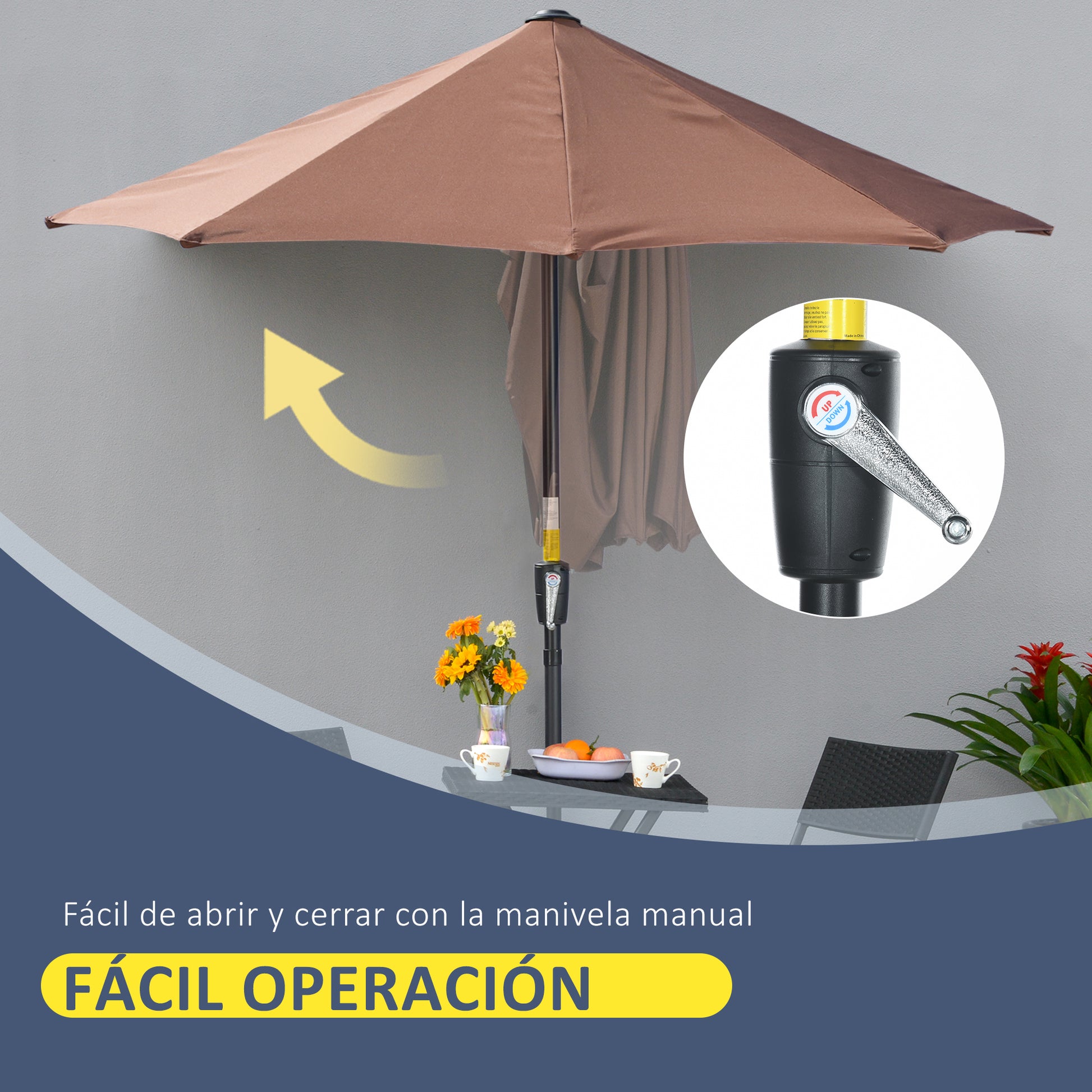 Outsunny Sombrilla de Pared de Jardín 200x190x240 cm Parasol de Terraza con Manivela Poste de Acero y Base Cruzada Anti-UV para Terraza Balcón Café