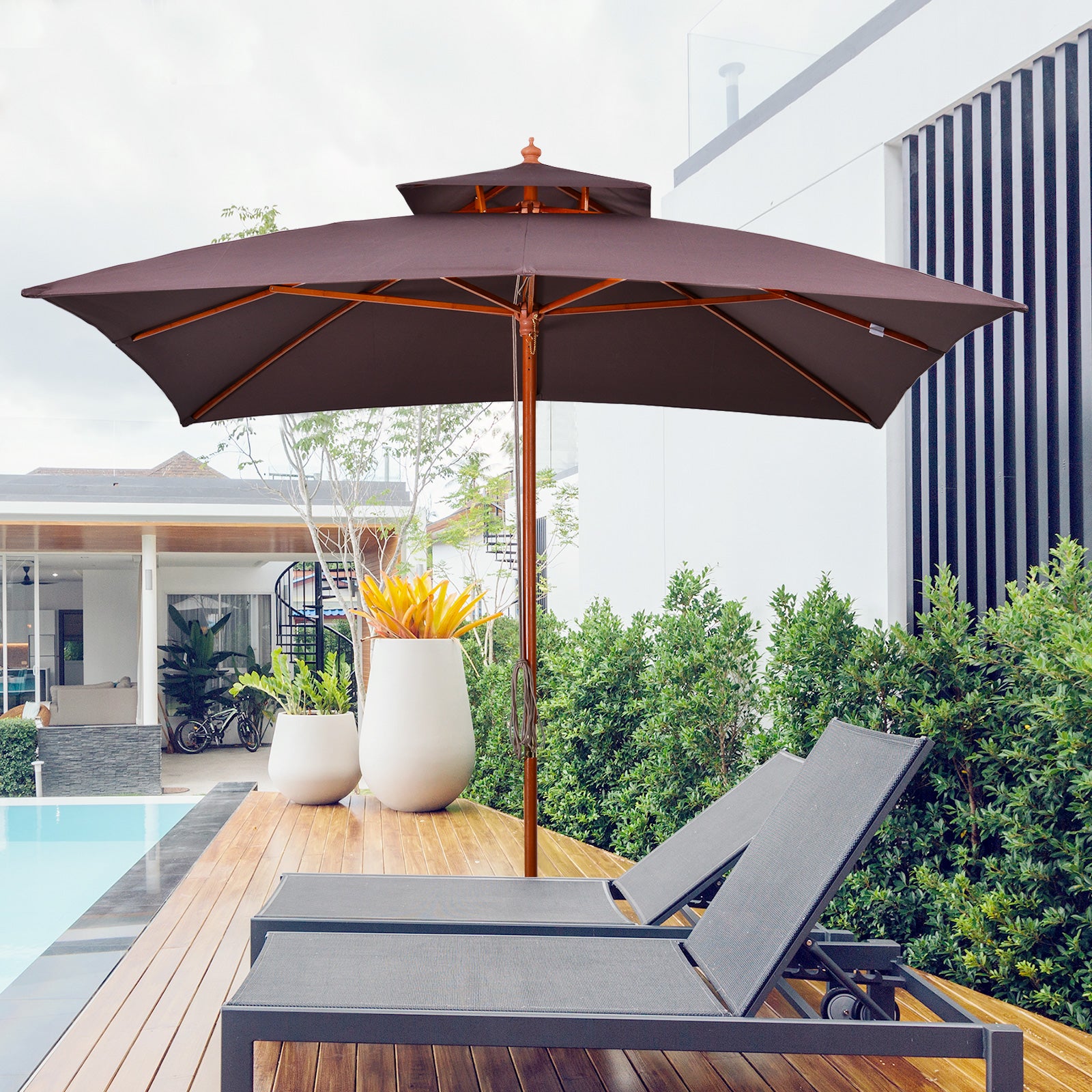 Outsunny Sombrilla de Jardín 3x3x3 m Parasol de Jardín de Bambú con Doble Techo Sistema de Polea Impermeable para Terraza Balcón Exterior Marrón