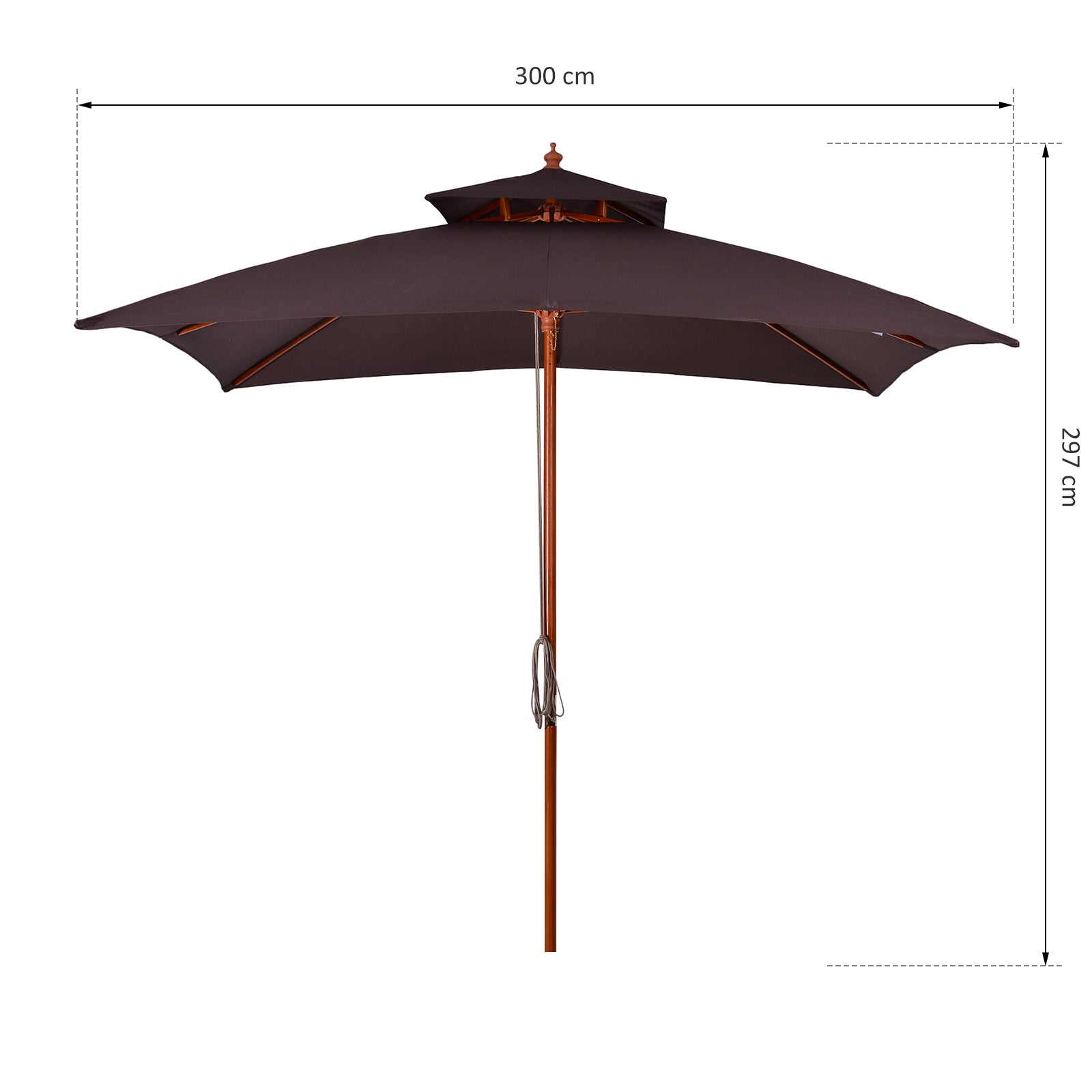 Outsunny Sombrilla de Jardín 3x3x3 m Parasol de Jardín de Bambú con Doble Techo Sistema de Polea Impermeable para Terraza Balcón Exterior Marrón