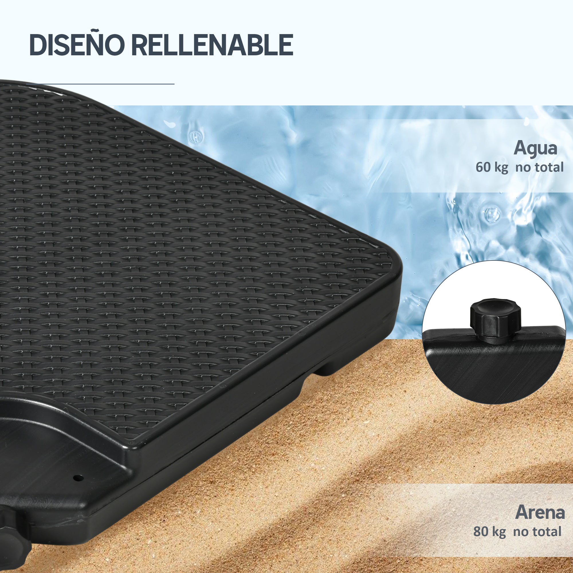 Outsunny Base para Sombrilla de 4 Piezas, Soporte para Parasol de HDPE Rellenable con Agua 59 kg o Arena 80 kg, para Jardín, Patio, Terraza, Negro
