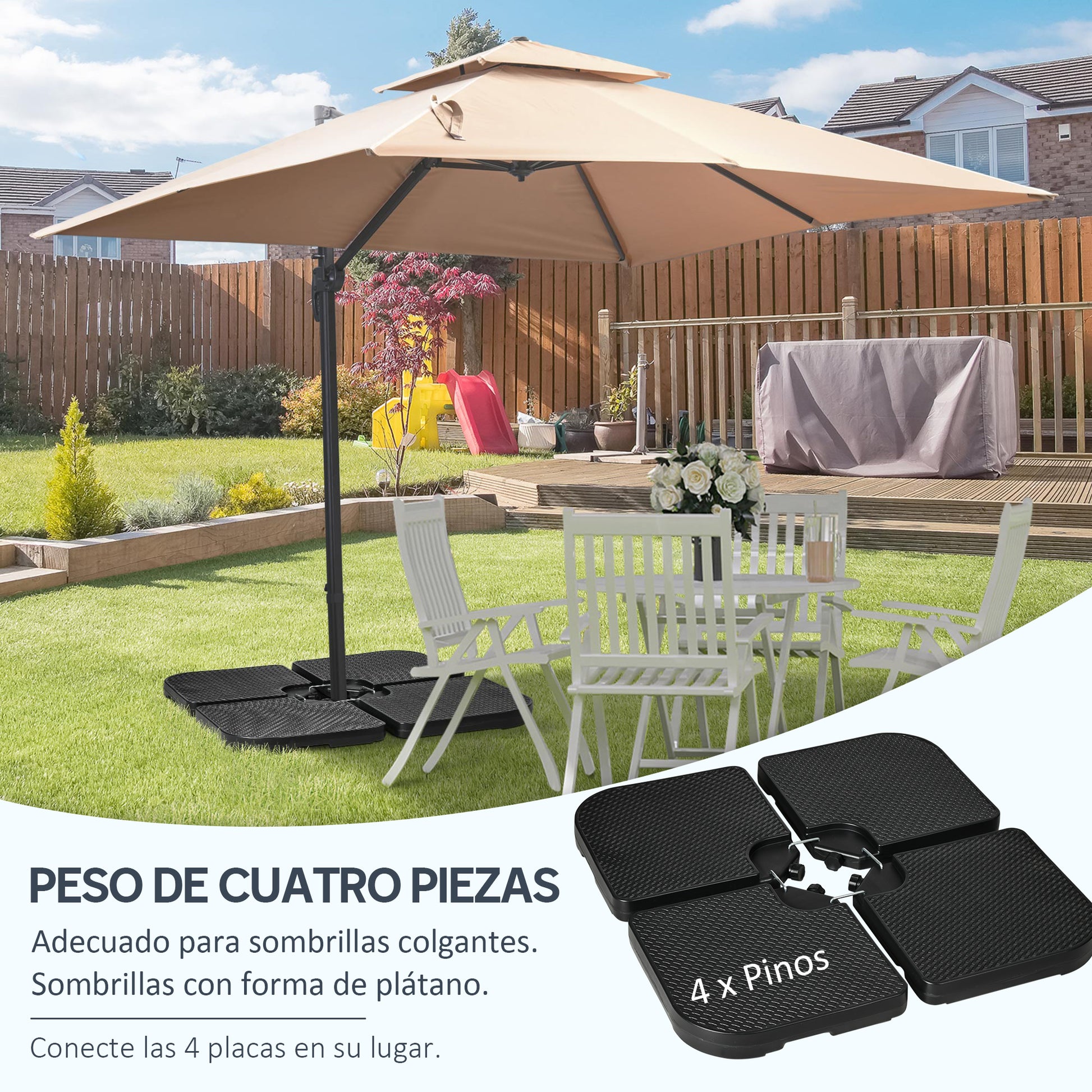 Outsunny Base para Sombrilla de 4 Piezas, Soporte para Parasol de HDPE Rellenable con Agua 59 kg o Arena 80 kg, para Jardín, Patio, Terraza, Negro